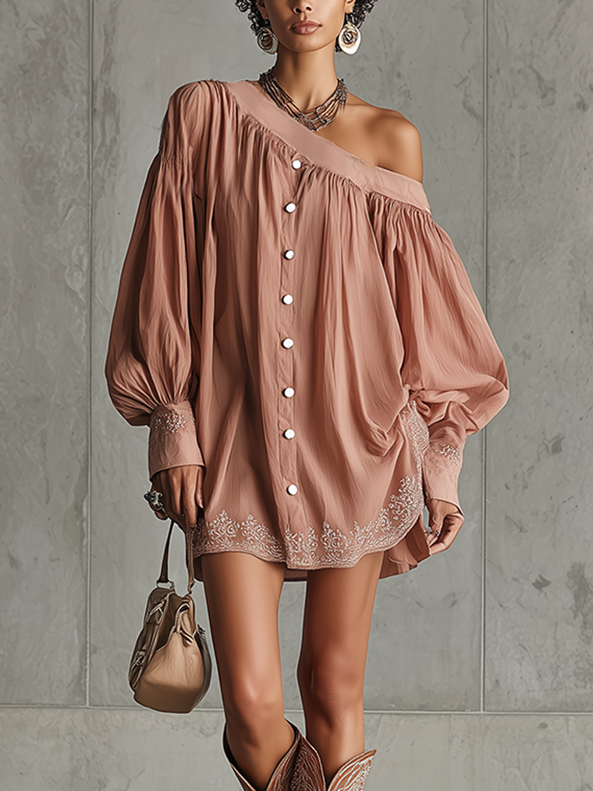 Pink Embroidered Chiffon Off-Shoulder Long Sleeve Mini Dress