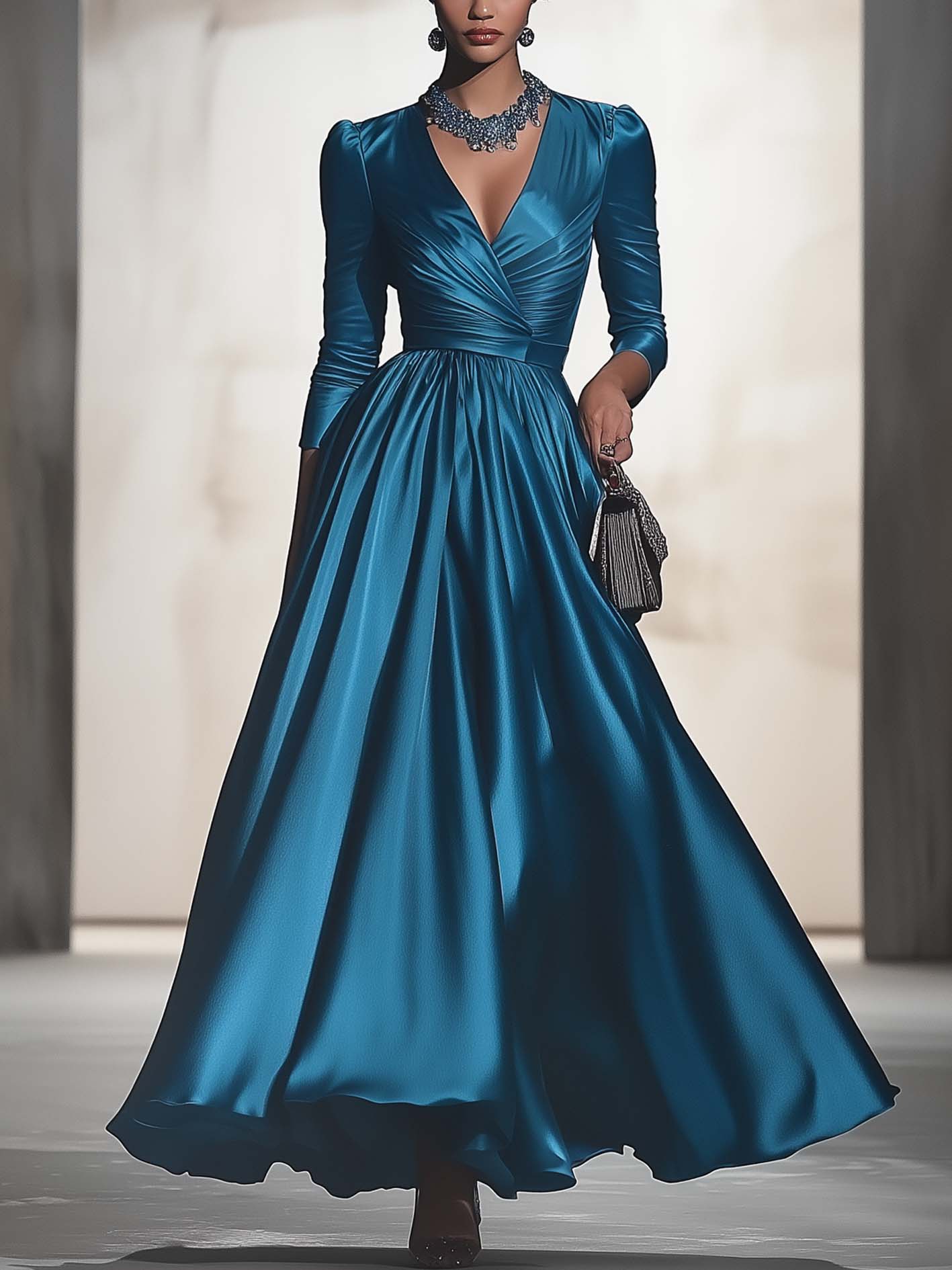 Elegant Cyan Satin V-neck Maxi Dress