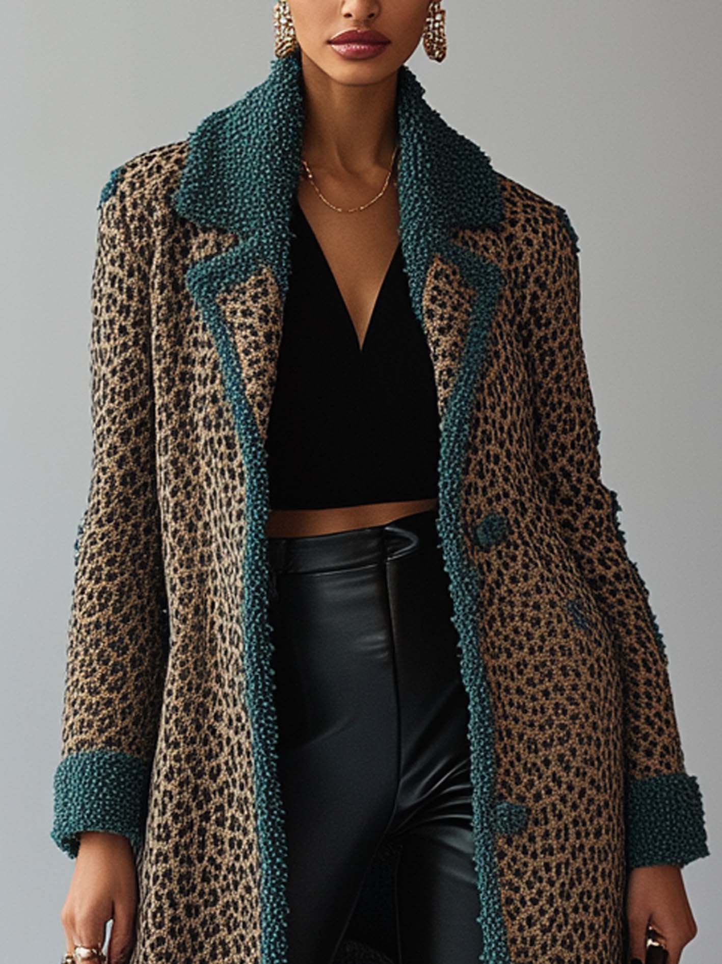 Leopard Print Knitted Cardigan With Teal Lapel Trim
