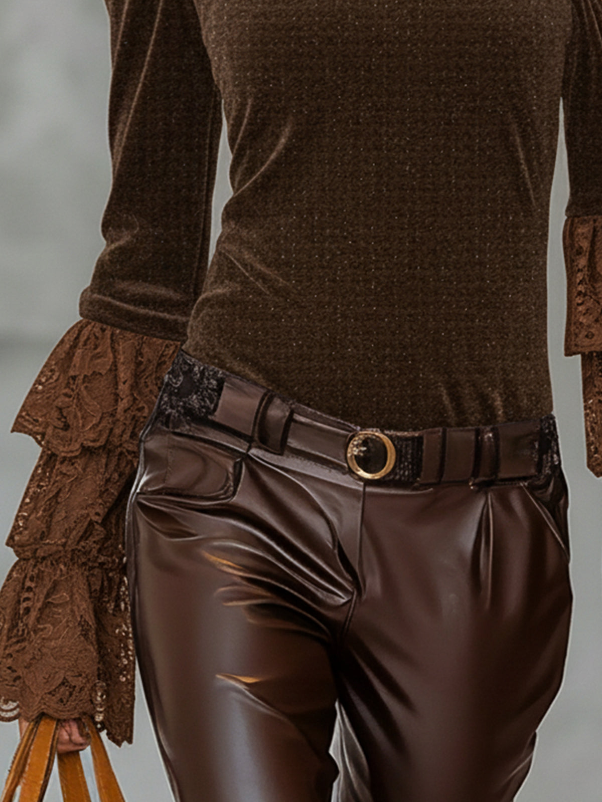 Brown One-Shoulder Velvet Top With Lace Tiered Sleeves