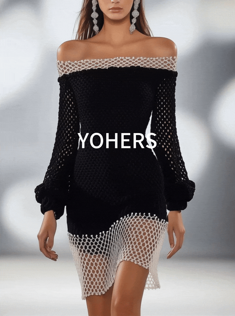 Off Shoulder Stitching White And Black Hollow Knitted Mini Dress