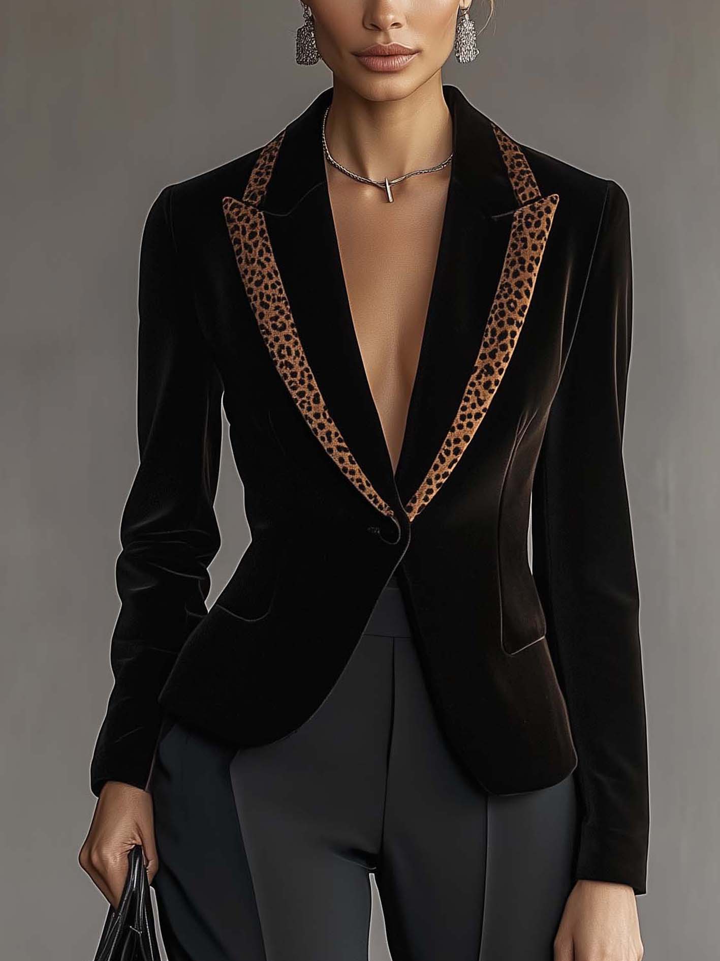 Black Velvet Blazer With Brown Leopard Print Trim