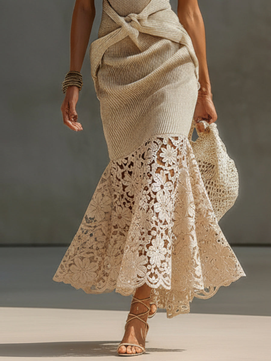 Beige Elegance Knit Lace Hem Bodycon Dress