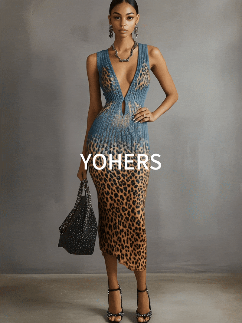 Blue Gradient Leopard Print Deep V-Neck Bodycon Dress