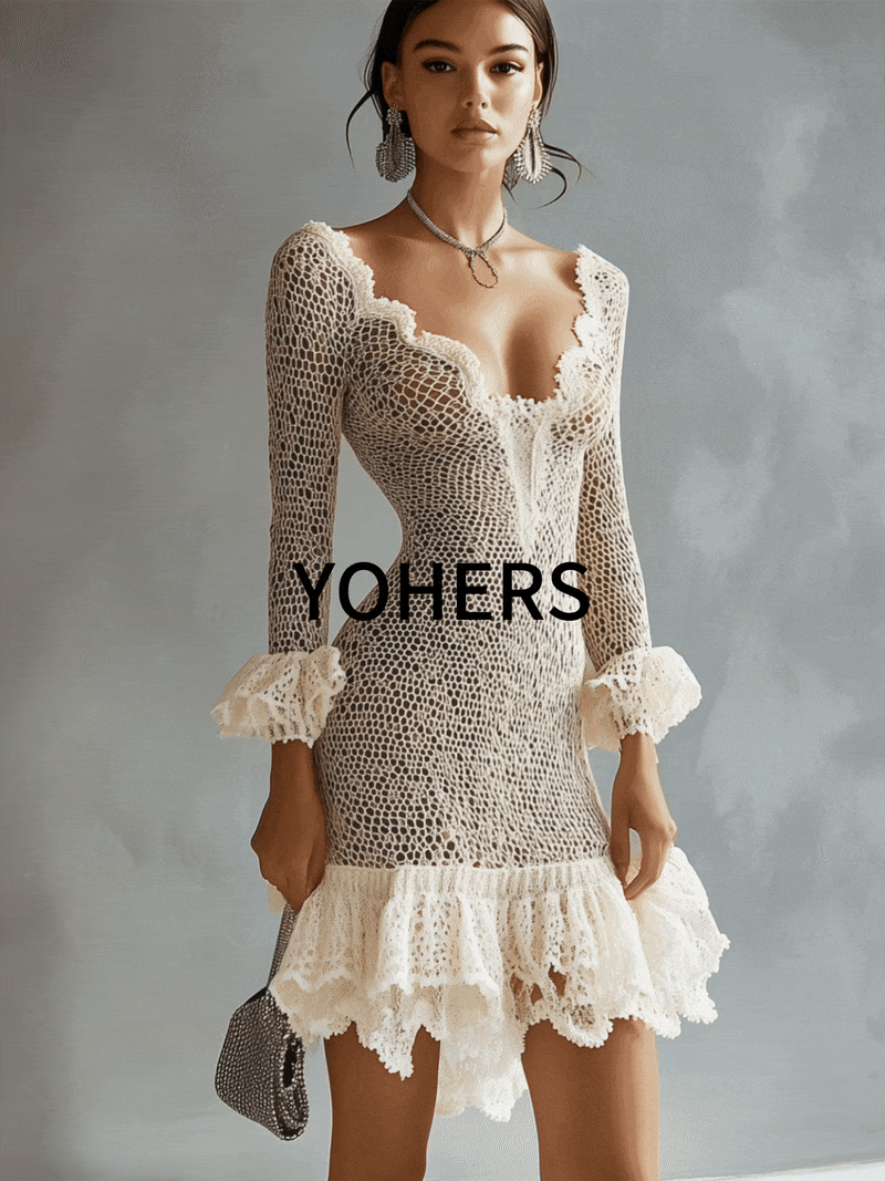 Cream Crochet Lace Ruffle Hem V-Neck Mini Dress