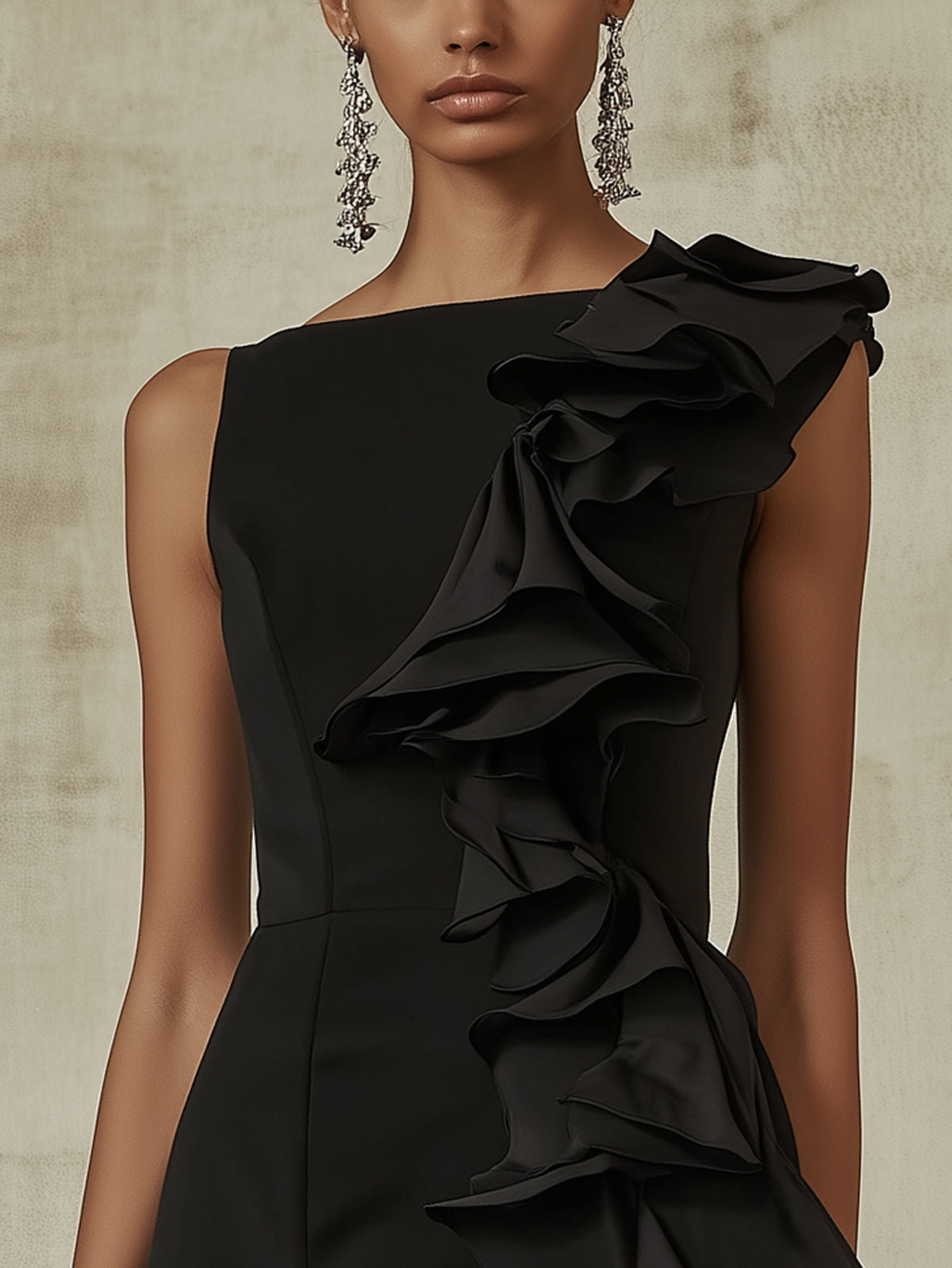 Black Crepe Ruffle Accent Asymmetric Neckline Sleeveless Mini Dress