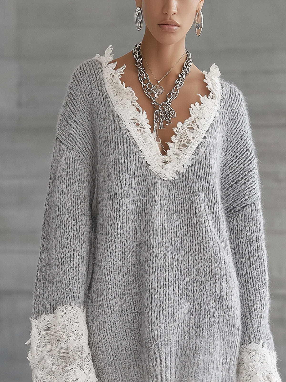 Soft Gray Knit Lace Trim Oversized Sweater Dress