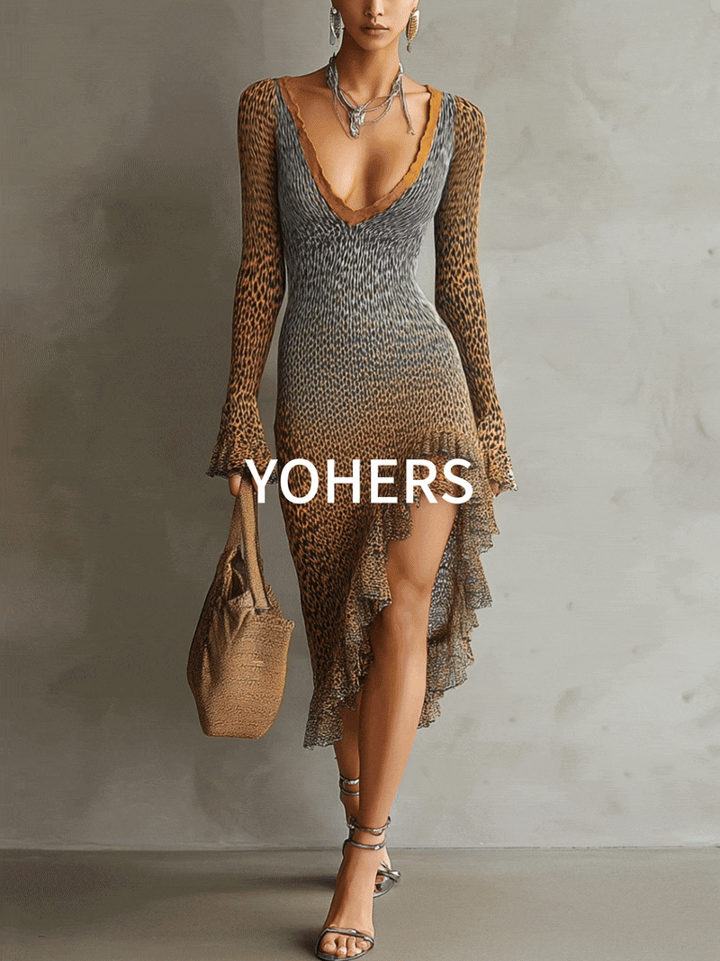 Orange Gradient Leopard Knit Panel Ruffle V-Neck Midi Dress