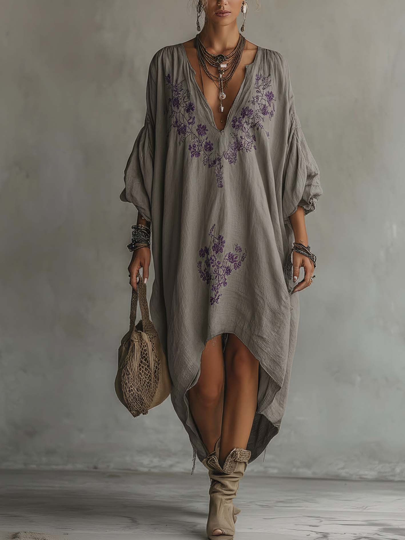 Gray Cotton-Linen Midi Dress With Purple Floral Embroidery