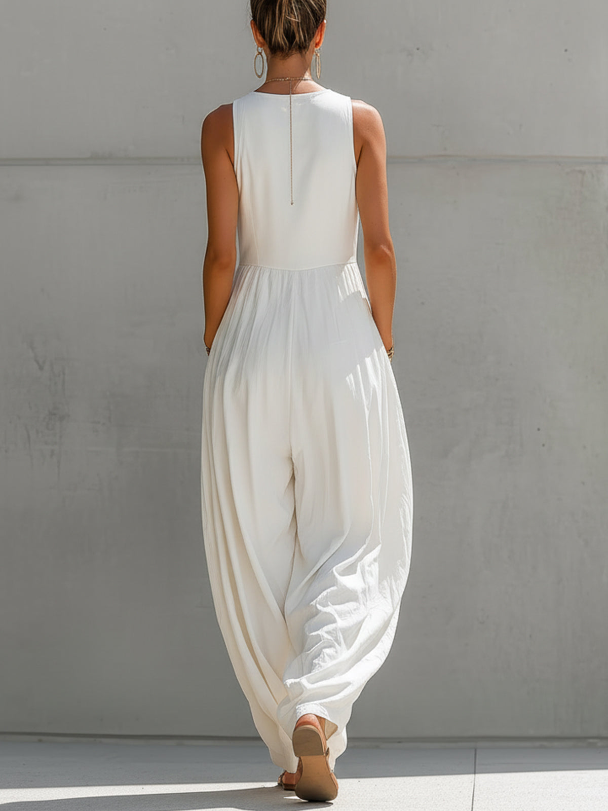 White Deep V-Neck Sleeveless Pleated Wide-Leg Jumpsuit