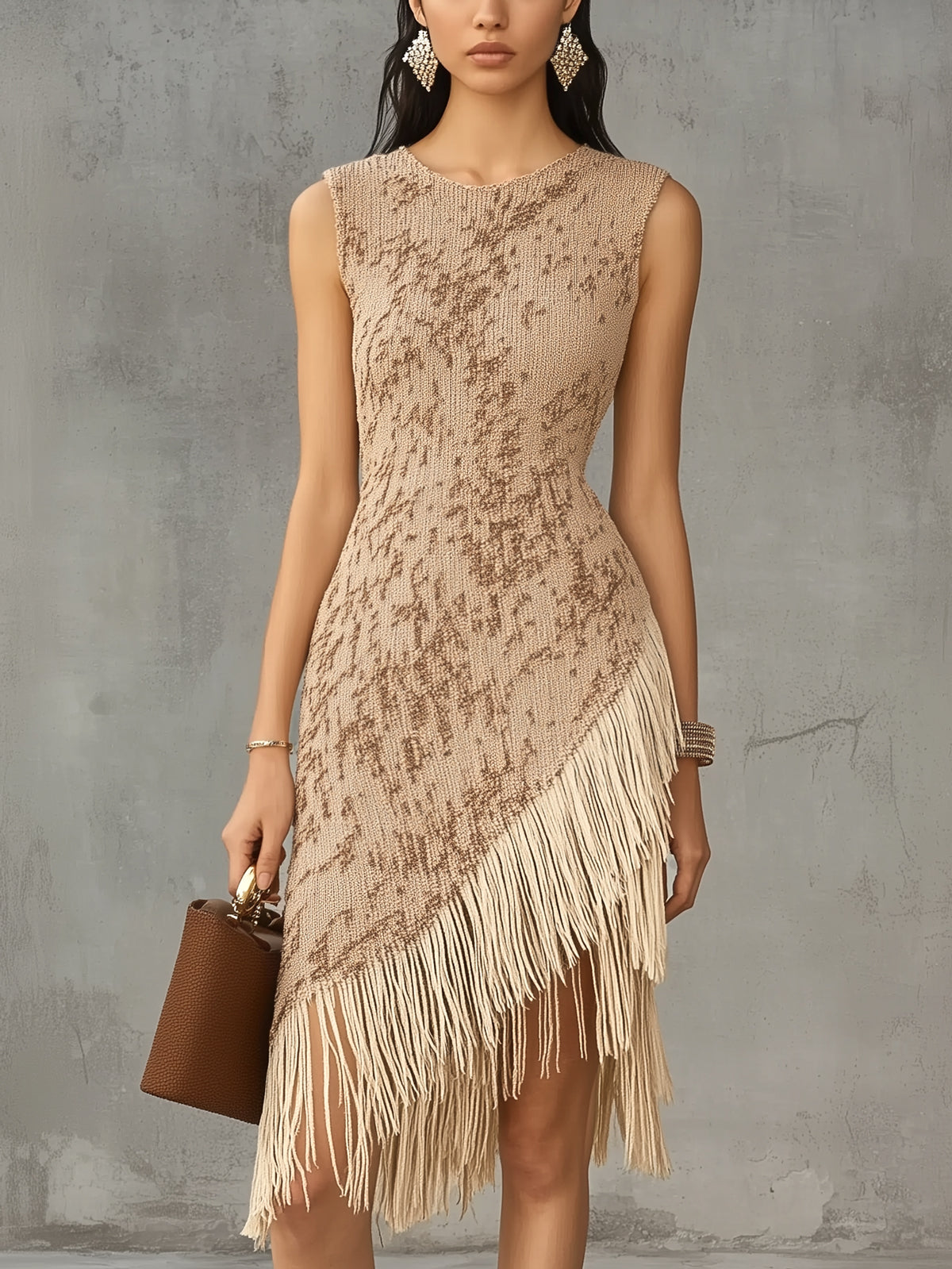 Light Brown Knit Asymmetrical Fringed Hem Sleeveless Midi Dress