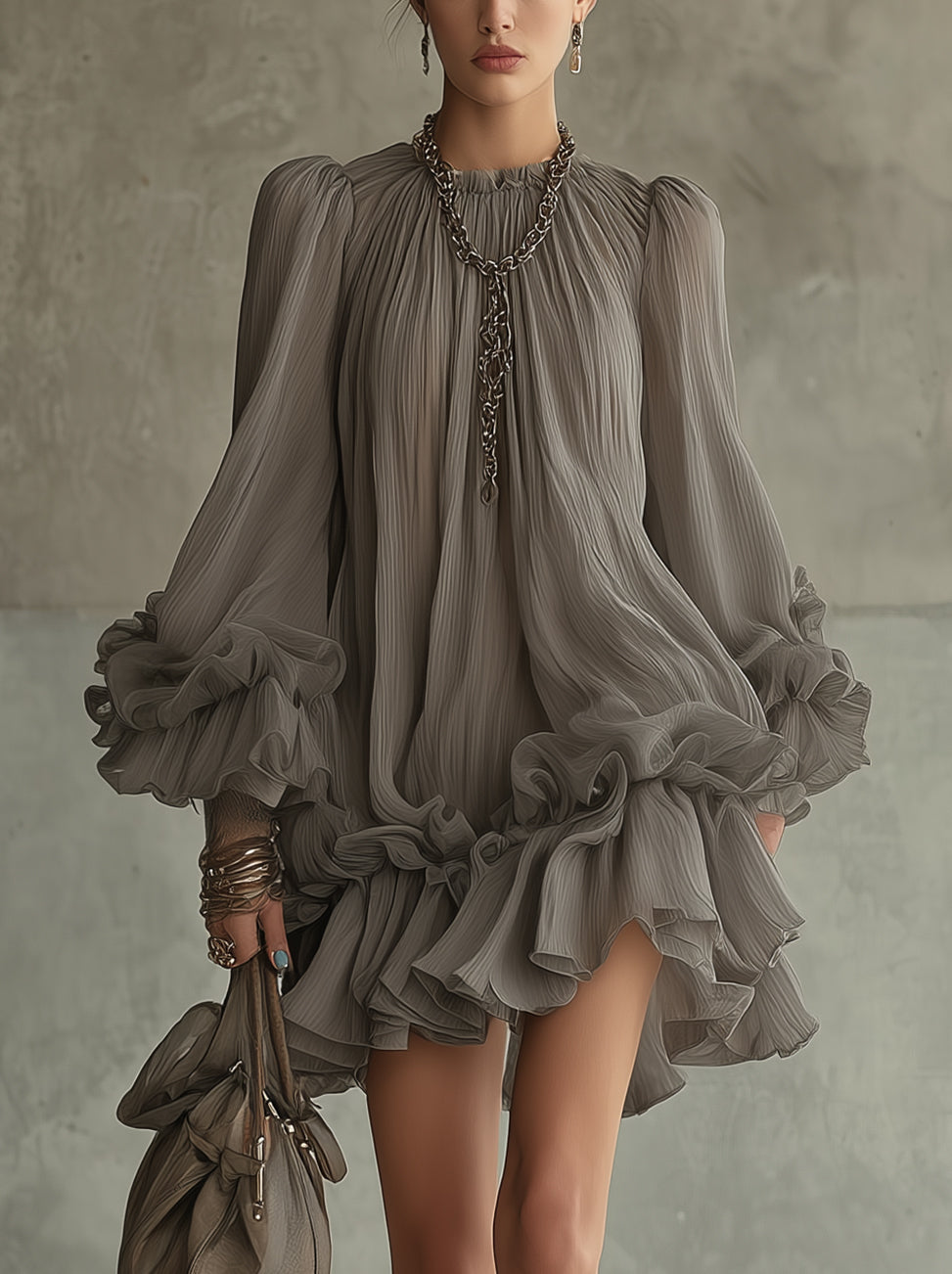 Gray Pleated Chiffon Ruffle Hem Puff Sleeve Mini Dress