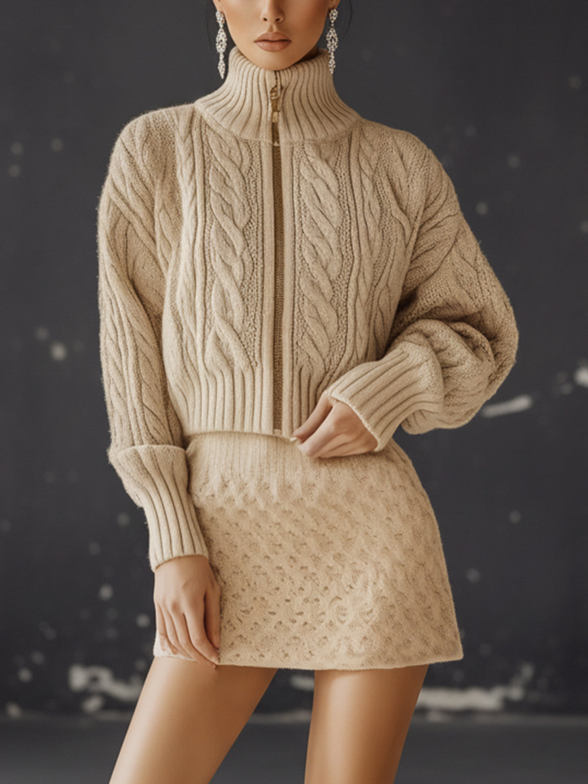Khaki Cable Knit Sweater And Mini Skirt Set