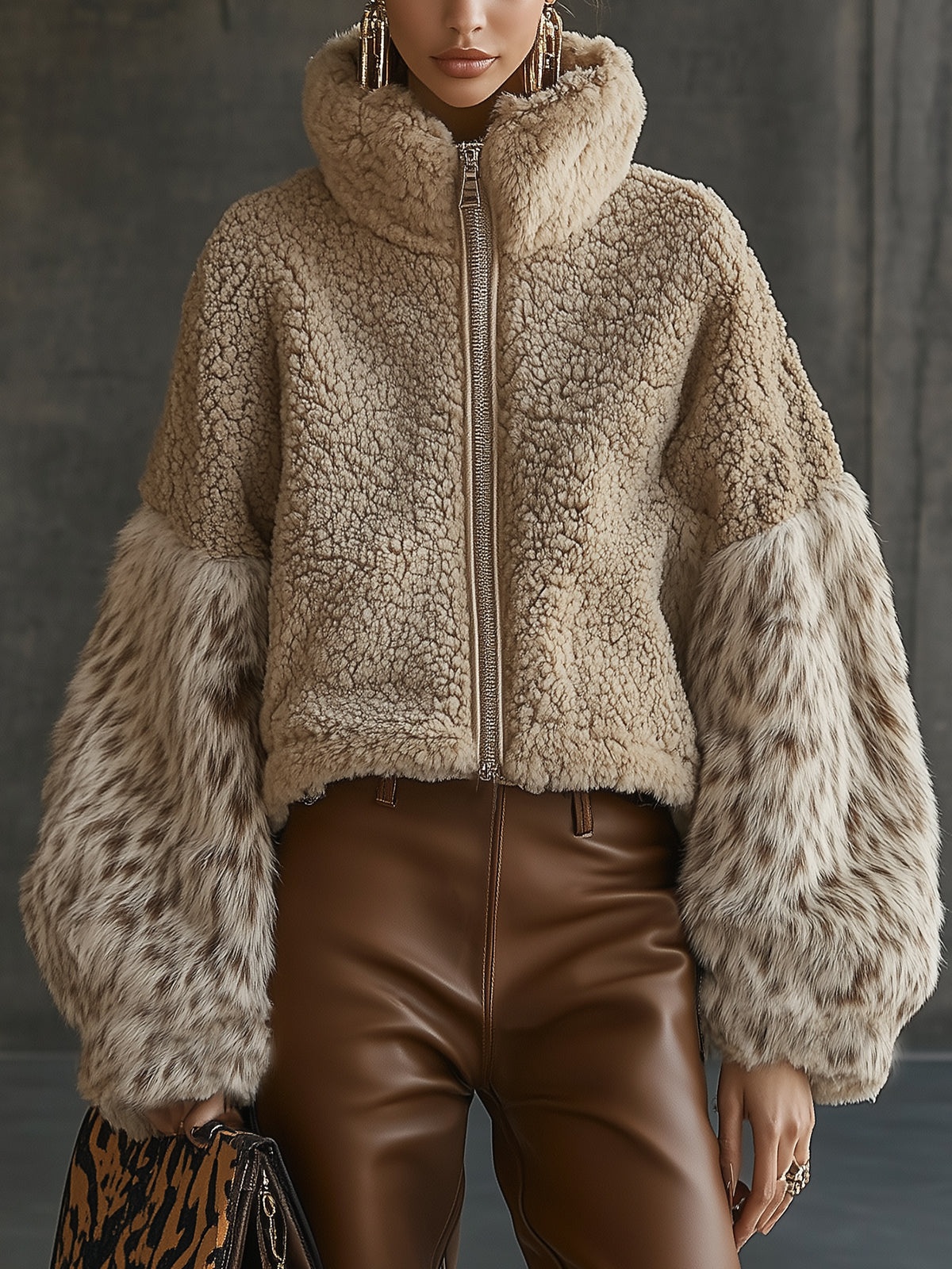 Gray Sherpa And Faux Fur Jacket