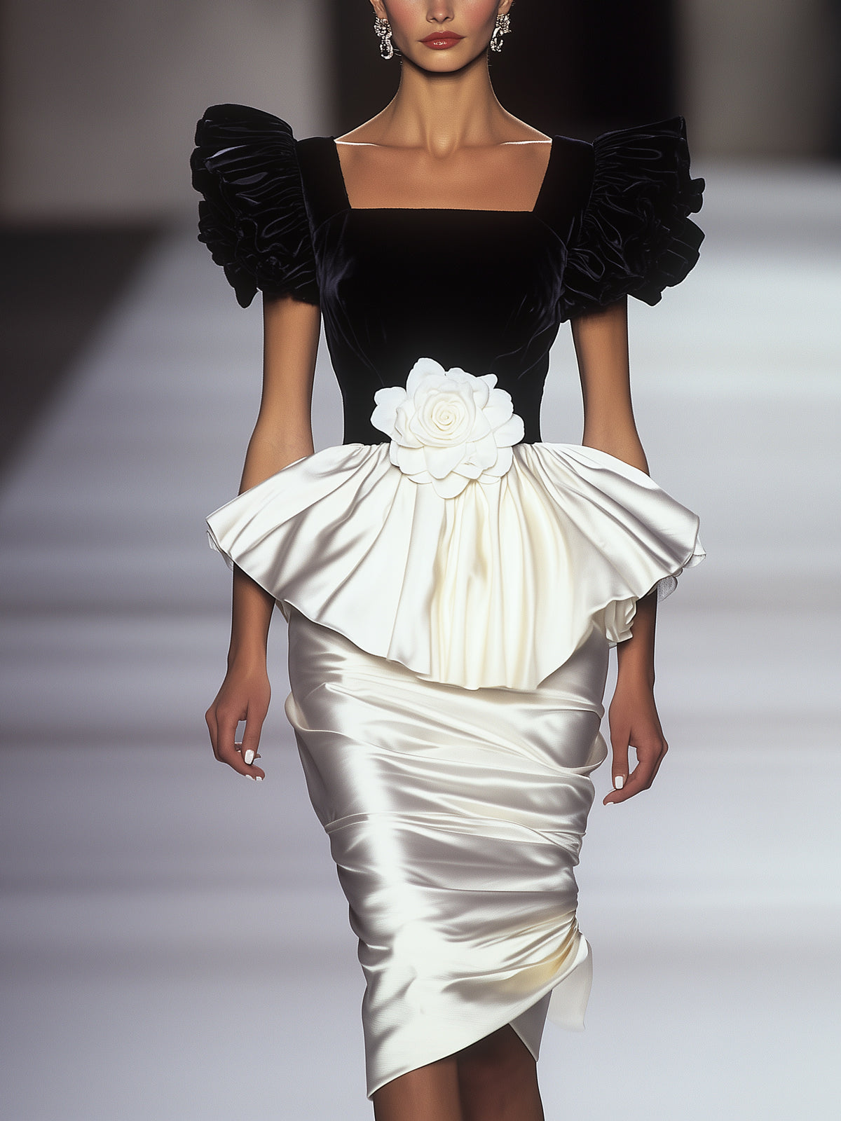 Black Velvet Ruffled Peplum Square Neck Puff Sleeve Midi Dress