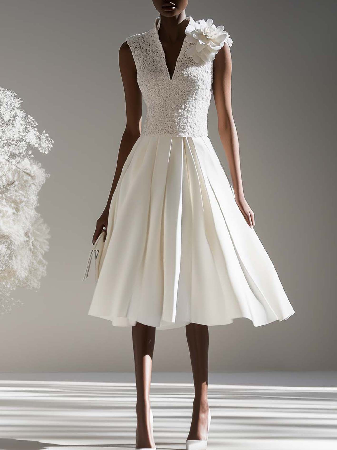 White Midi Dress With Lace And 3D Flowers
