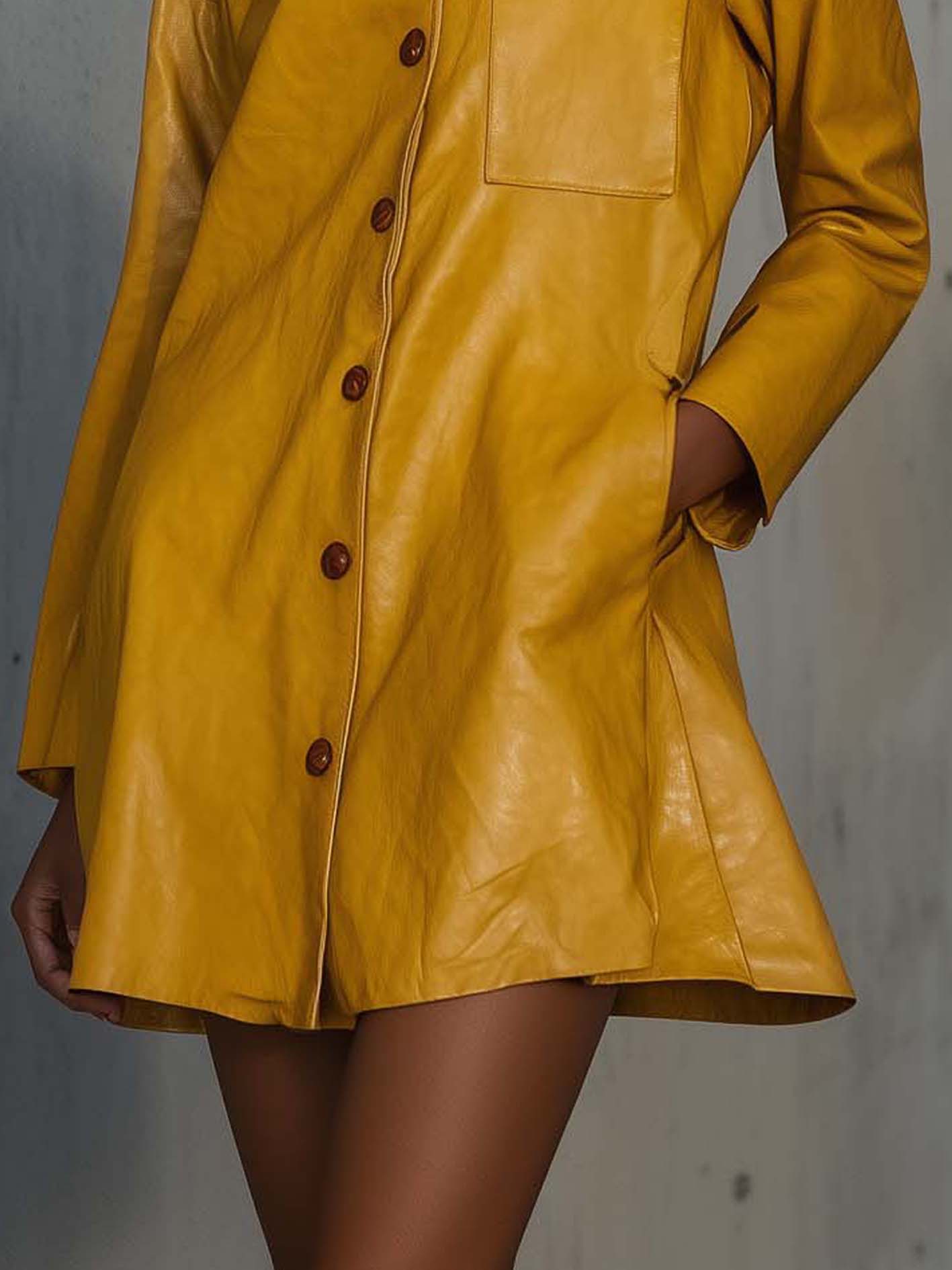 Yellow Faux Leather Mini Dress With Buttons