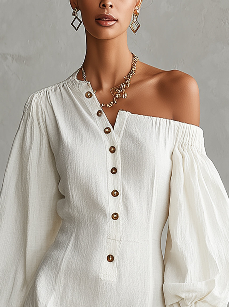 White Off-Shoulder Button-Front Long Sleeve Mini Dress