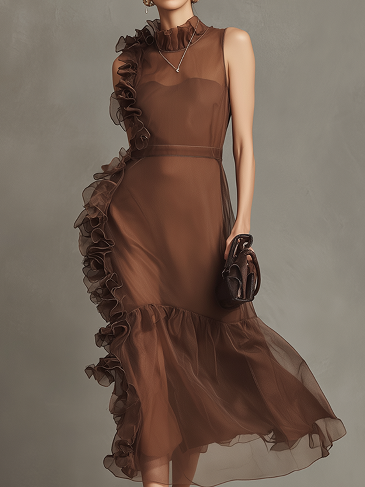 Brown Ruffle Trim Sleeveless Organza Midi Dress