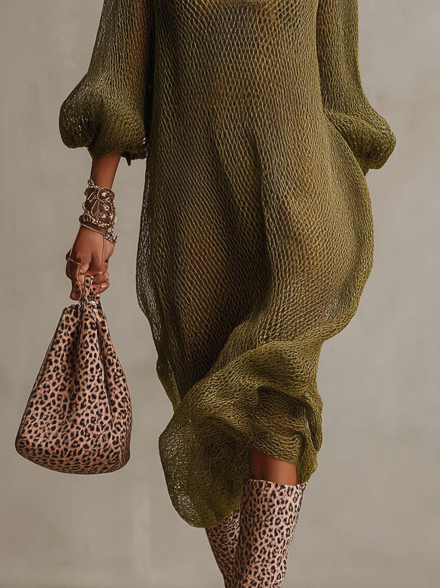 Olive Green Sheer Textured Knit Collared Midi Dress