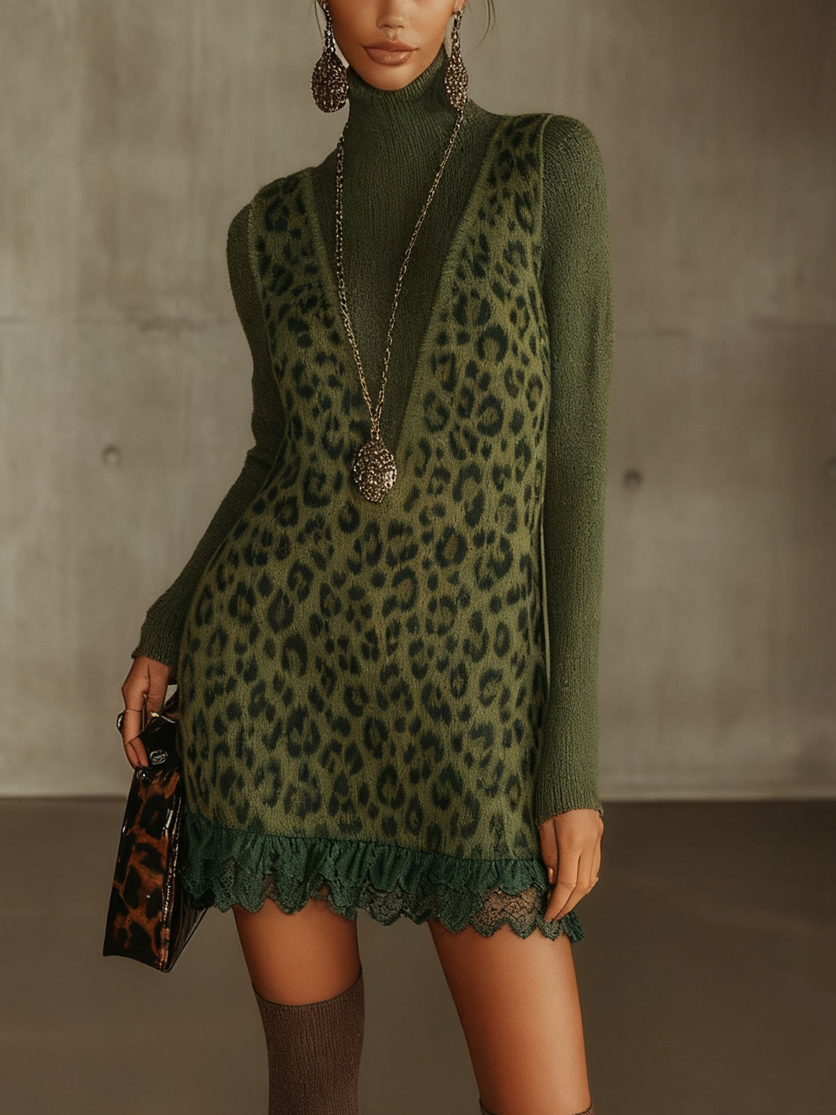 Green Leopard Print Knit Mini Dress With Sweater Set