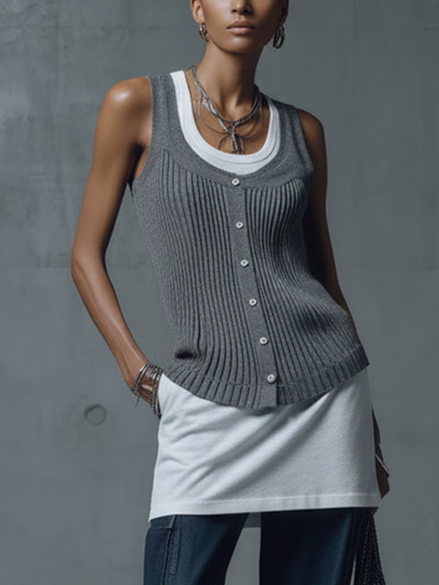 Gray And White Layered Knit Sleeveless Mini Dress