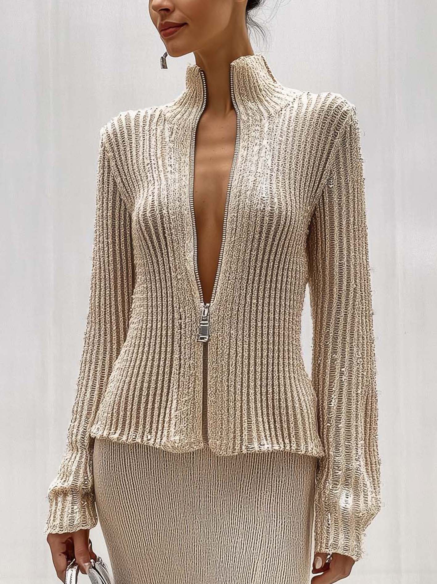 Fashionable Textured Beige Knitted Cardigan With Zipper