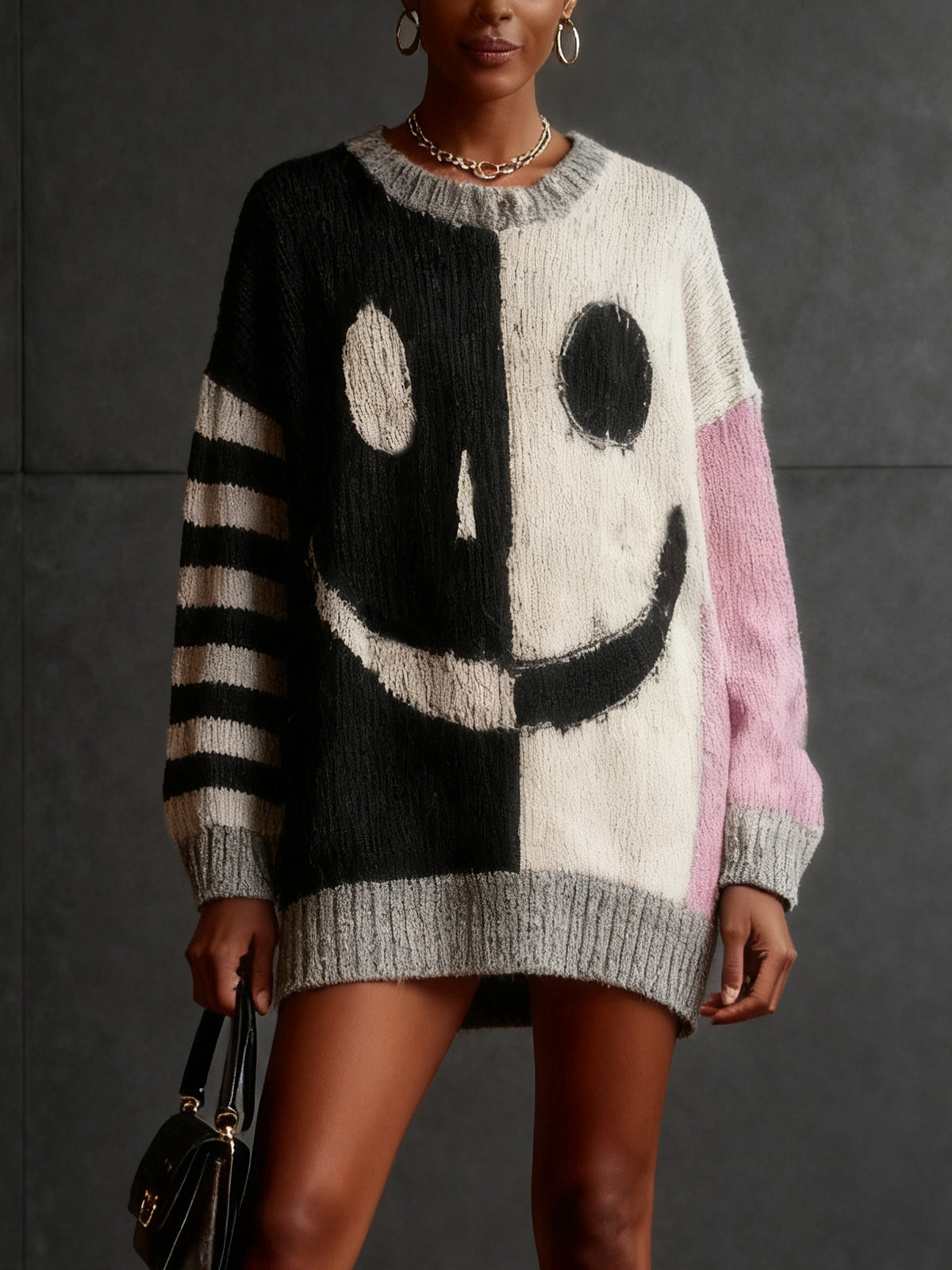 Colorblock Smiley Face Knit Sweater Dress