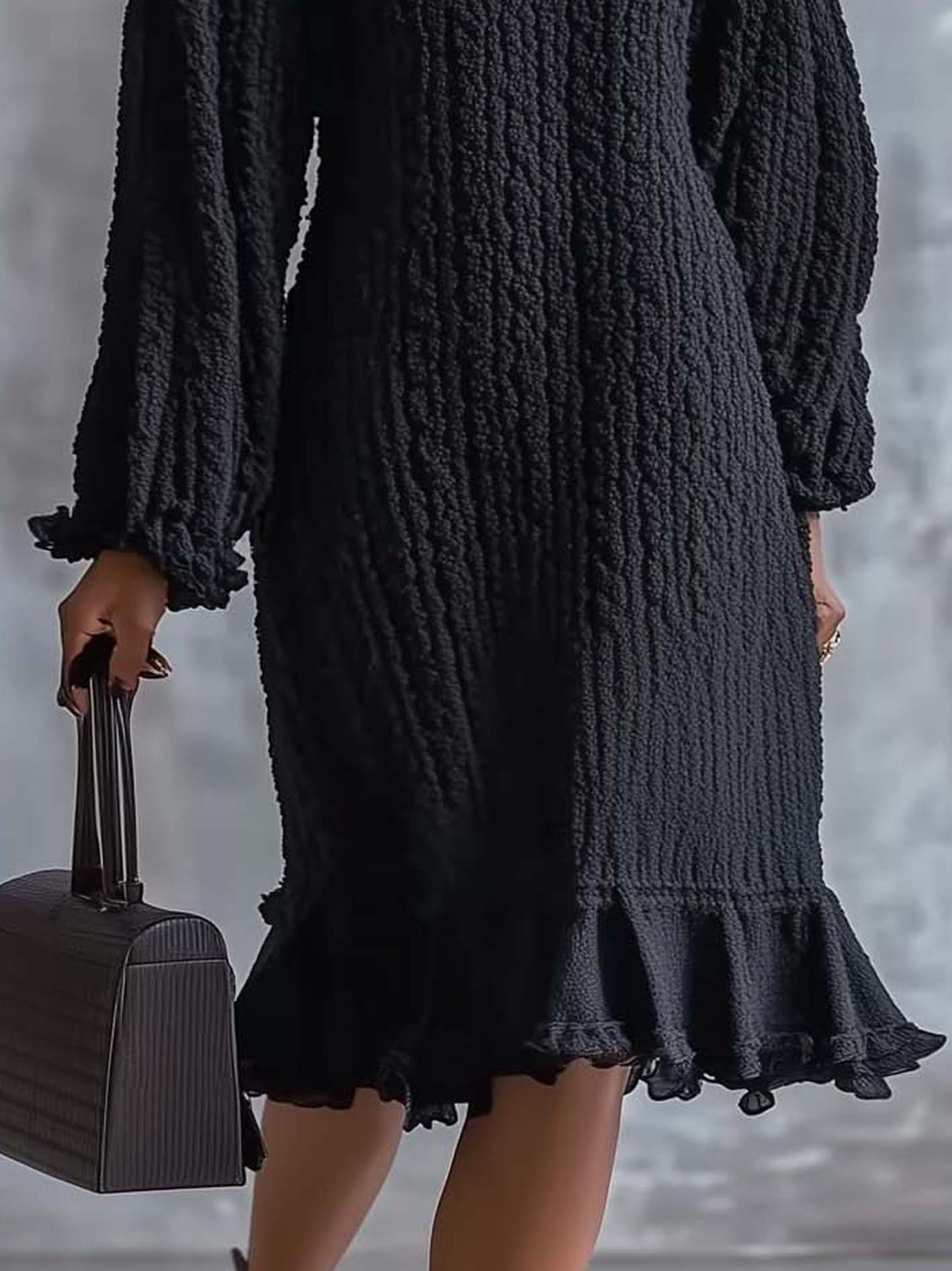 Black Knitted Midi Dress With Ruffled High Collar