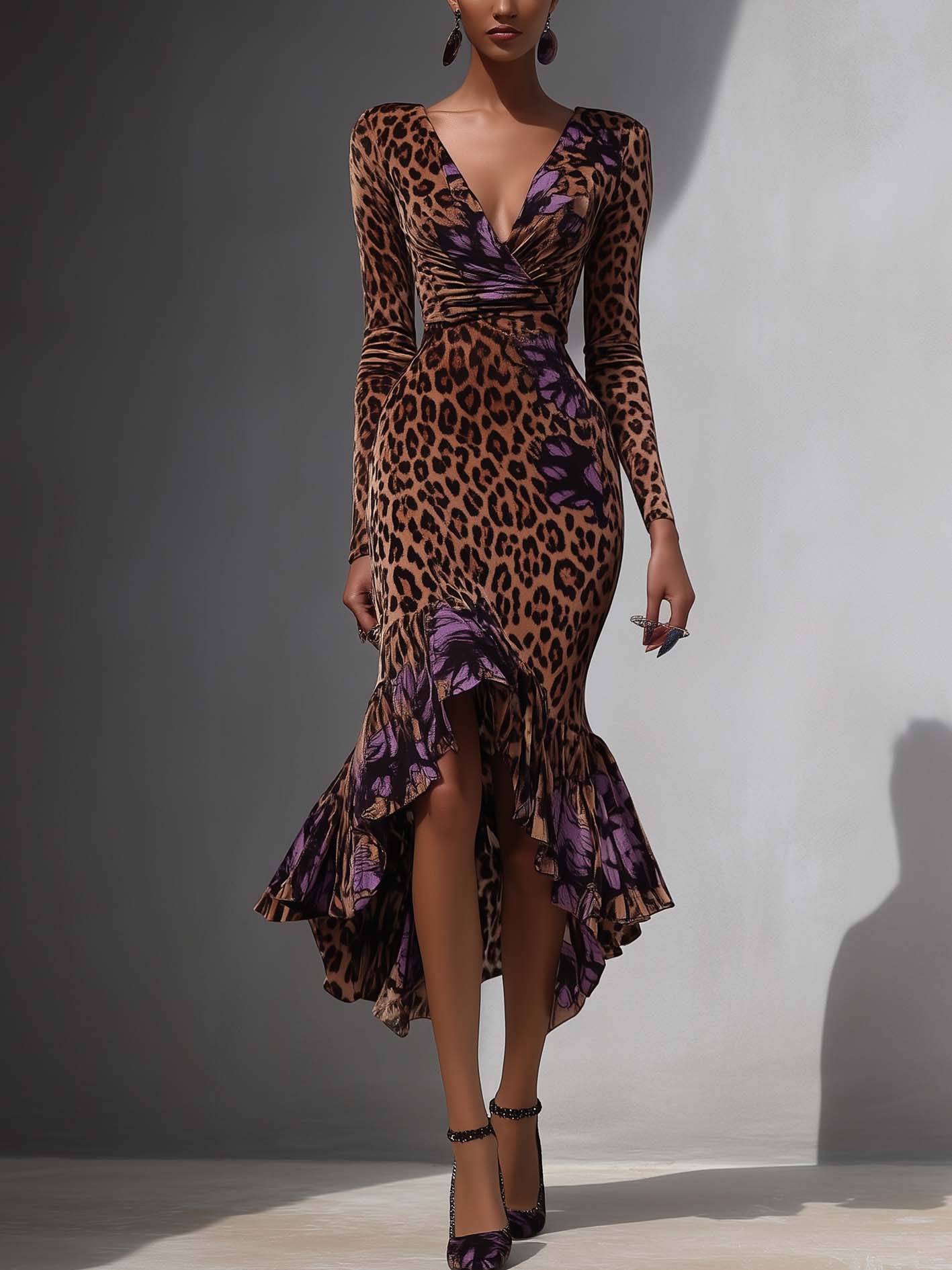 Brown Velvet Midi Bodycon Dress With Purple Flowers And Leopard Print Ruffles