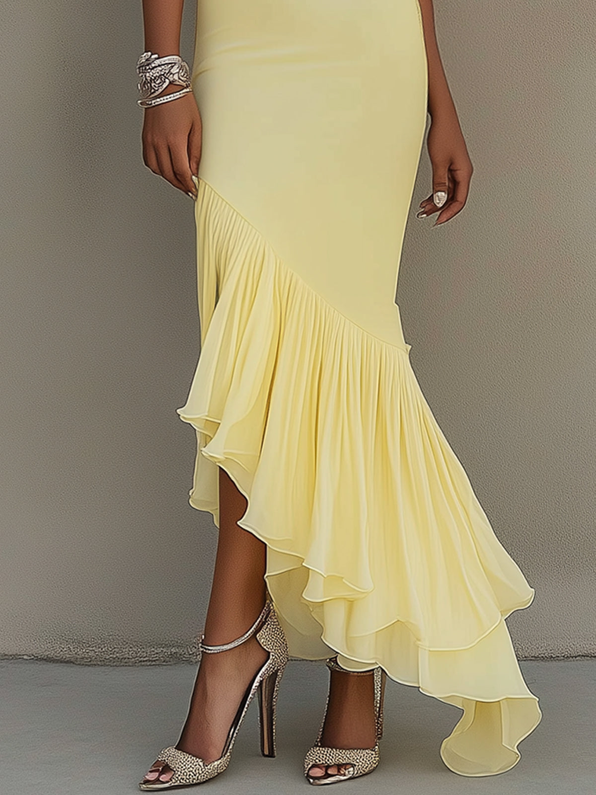 Lemon Ruffle Asymmetrical One Shoulder Maxi Dress