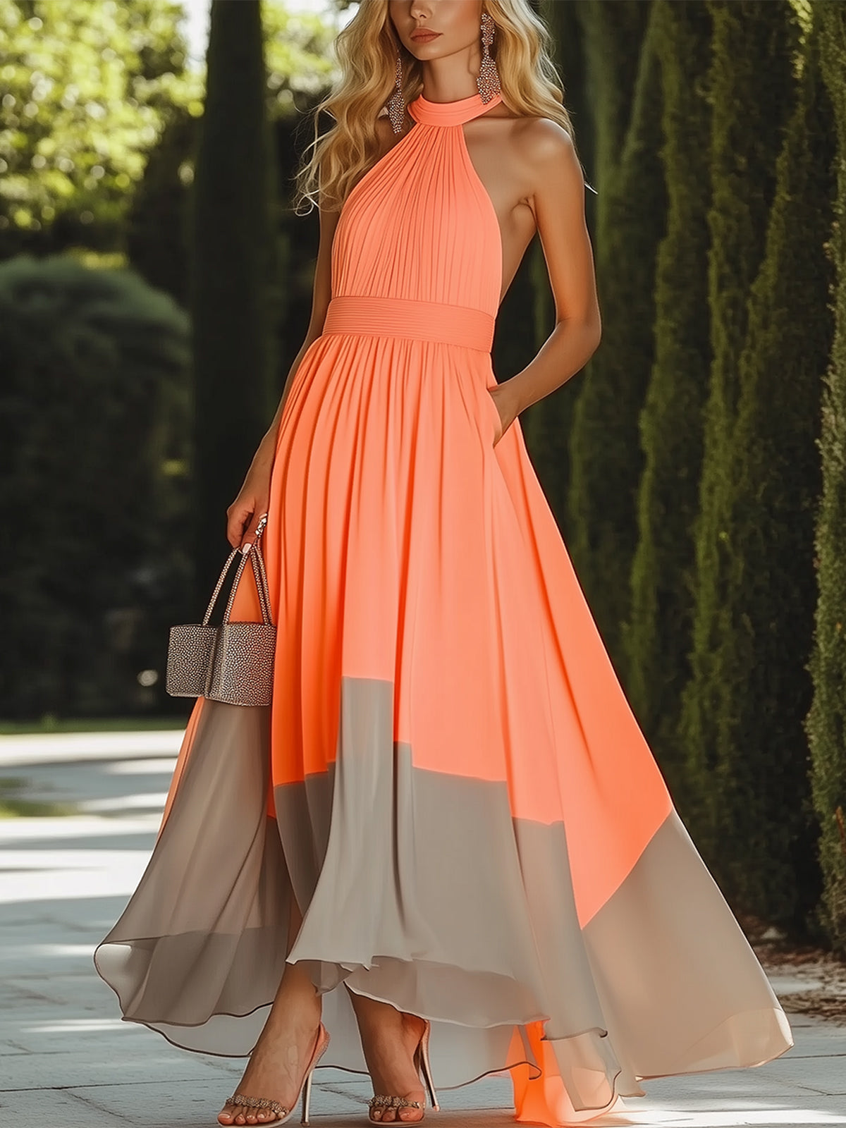 Fashionable Colorblock Backless Chiffon Maxi Dress With Pockets
