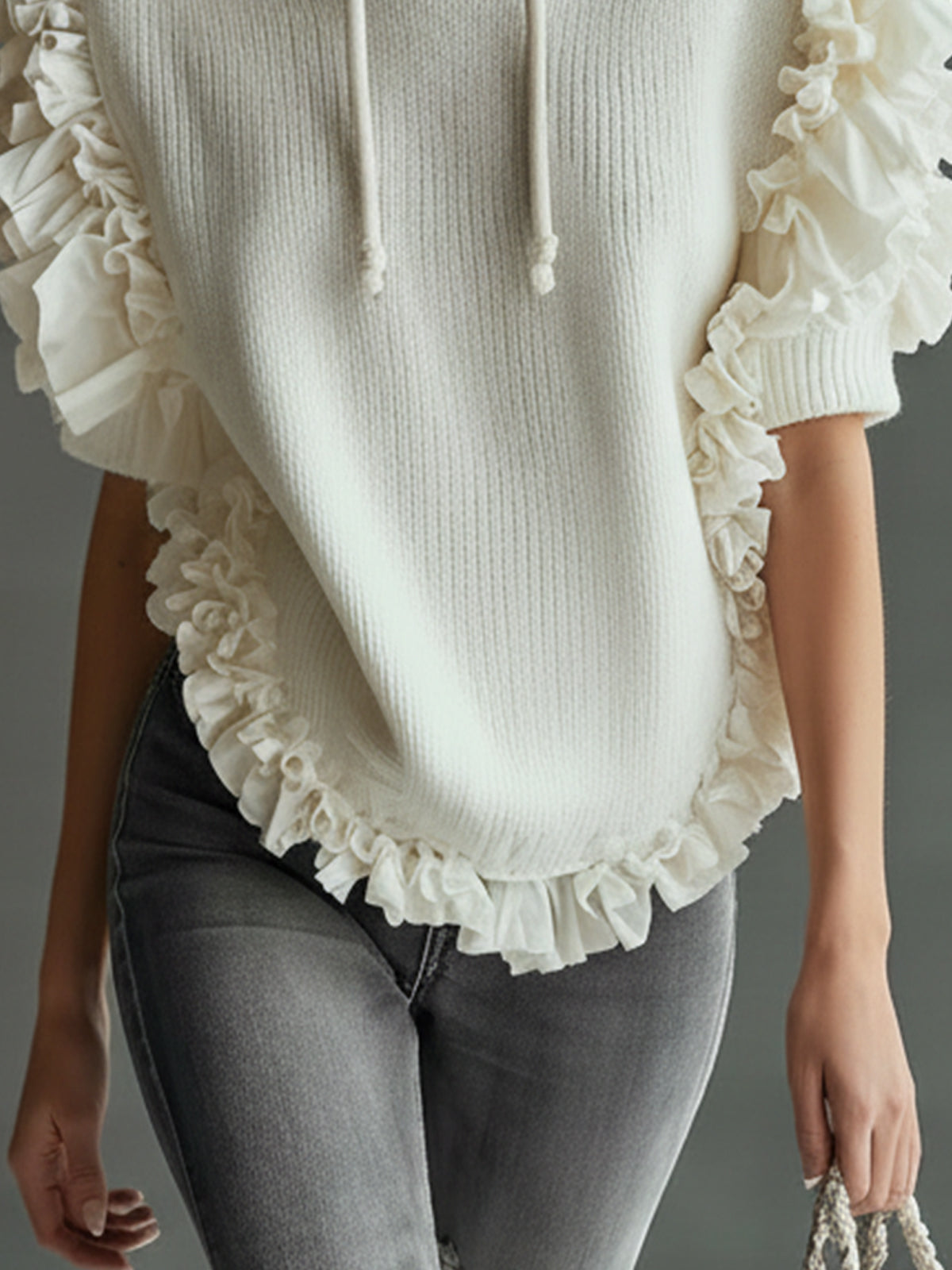 White Knit Hoodie Top With Ruffled Trim