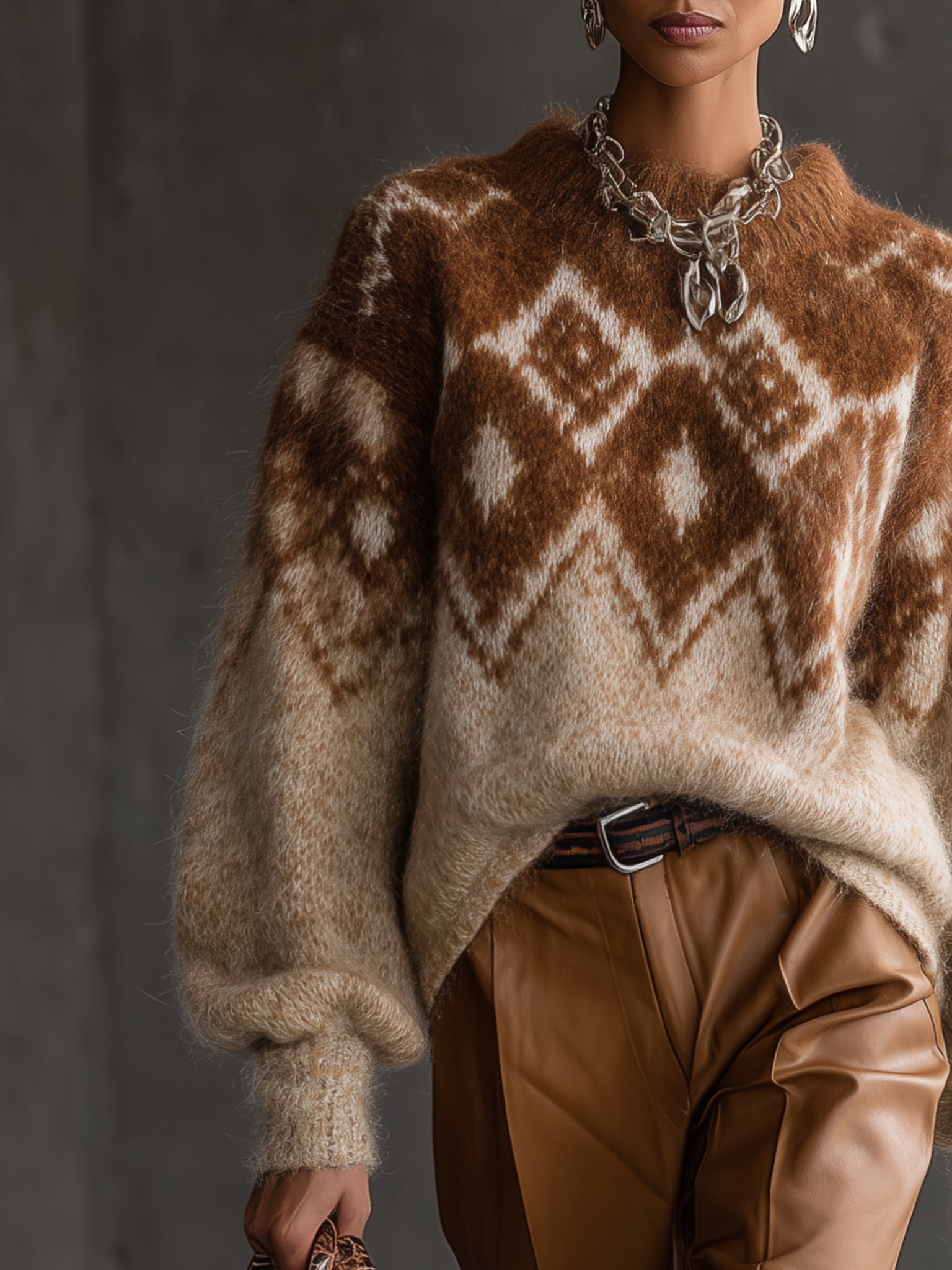 Brown Geometric Pattern Mohair Blend Long Sleeve Sweater