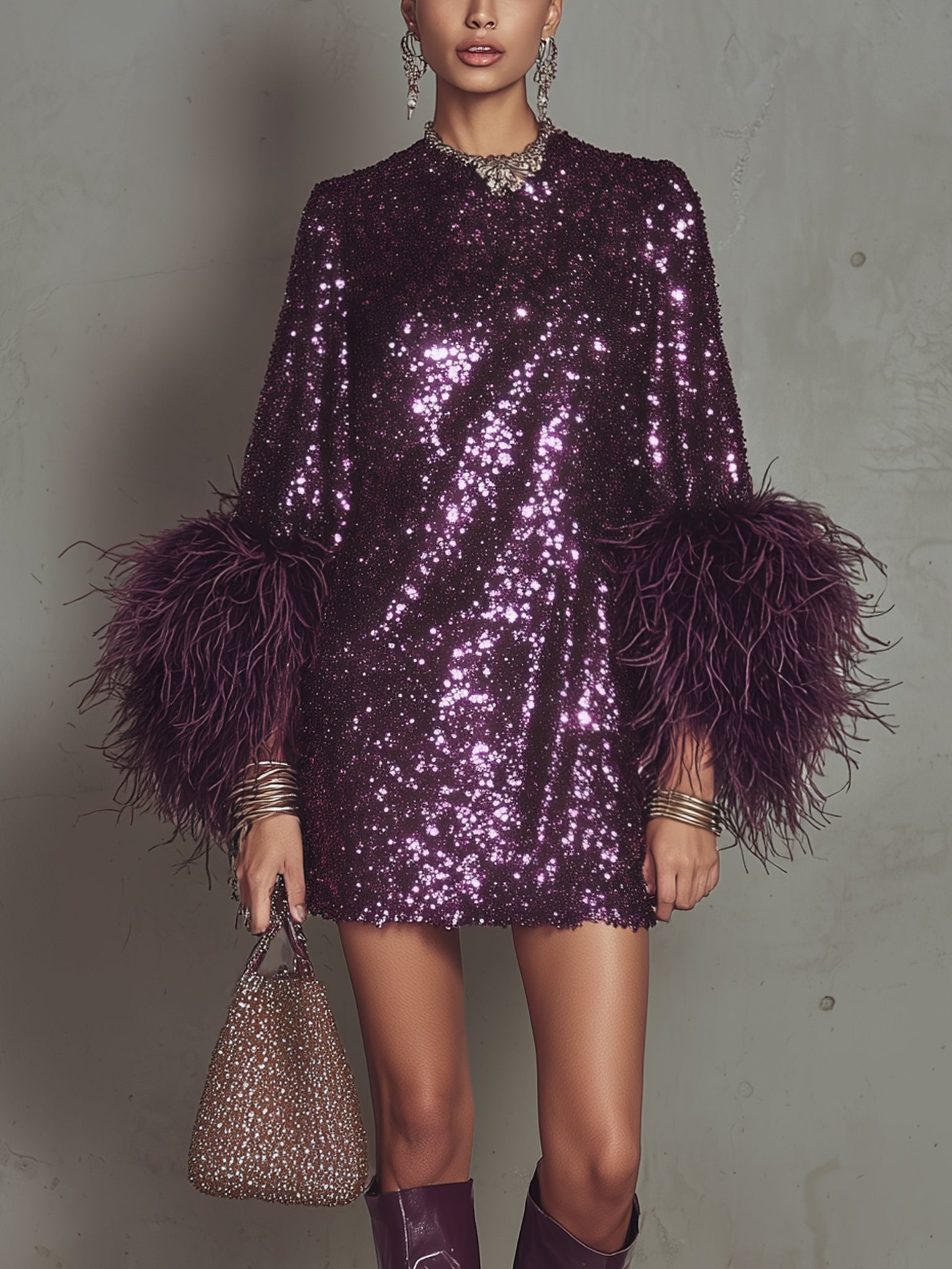 Purple Sequin Long Sleeve Mini Dress With Feather Cuffs