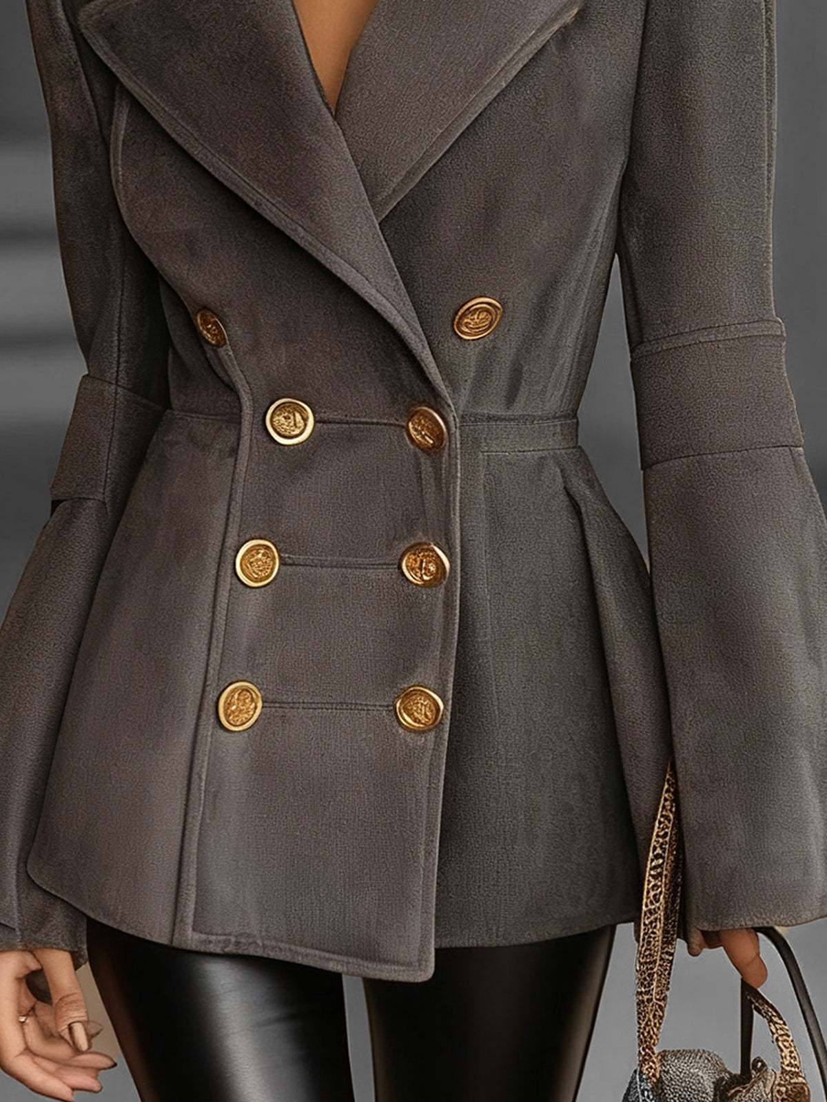 Gray Classic Double-Breasted Coat With Gold Button Accents