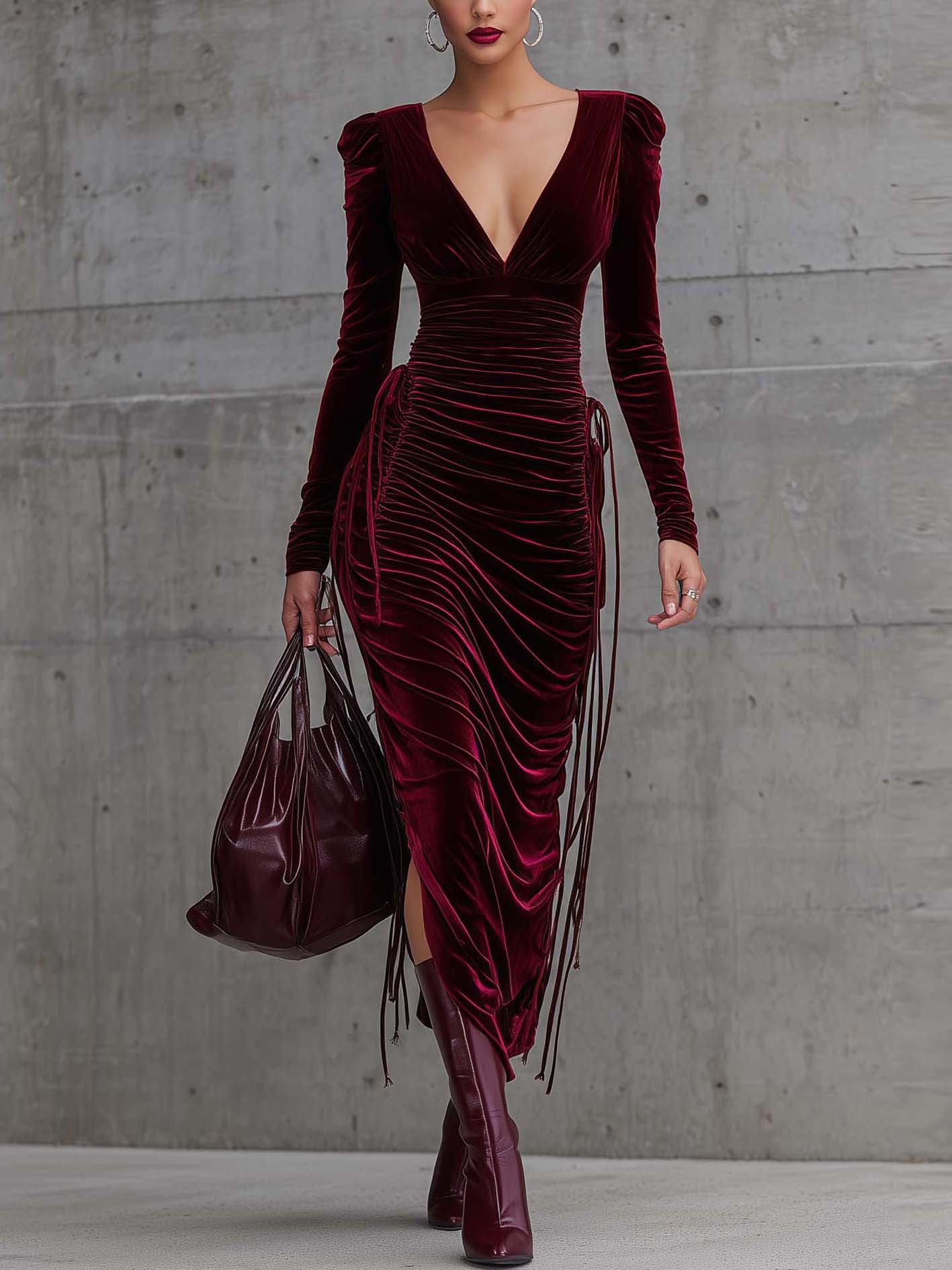 Burgundy Velvet Bodycon Dress With Pleats And Drawstring