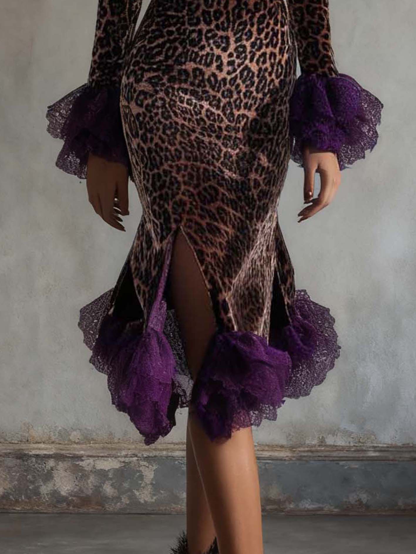 Brown Velvet Bodycon Dress With Purple Lace Ruffles