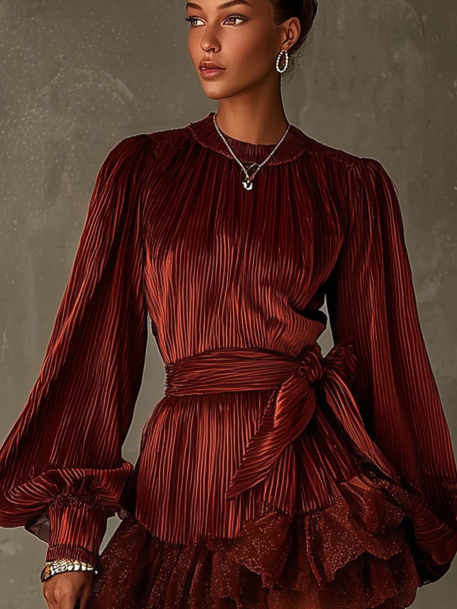 Burgundy Corduroy Lace Ruffle Hem Mini Dress