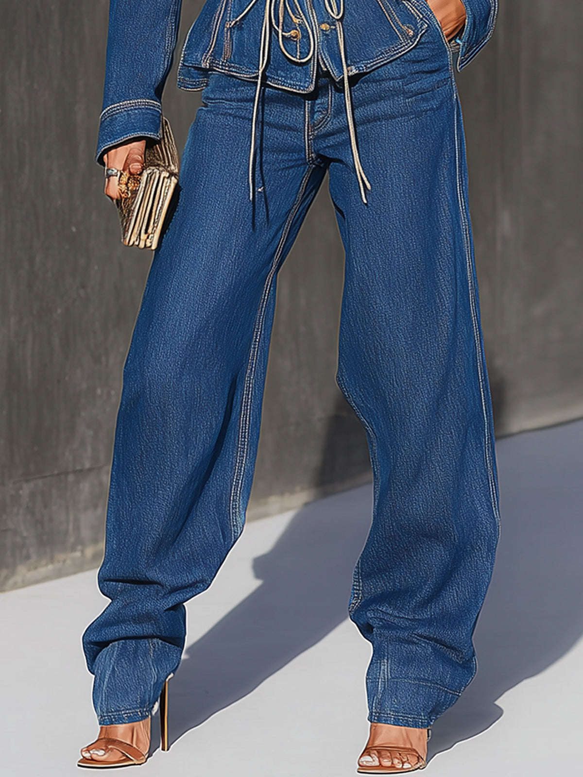 Dark Wash Denim Blue Drawstring Waist Jacket With Wide Leg Pants Set