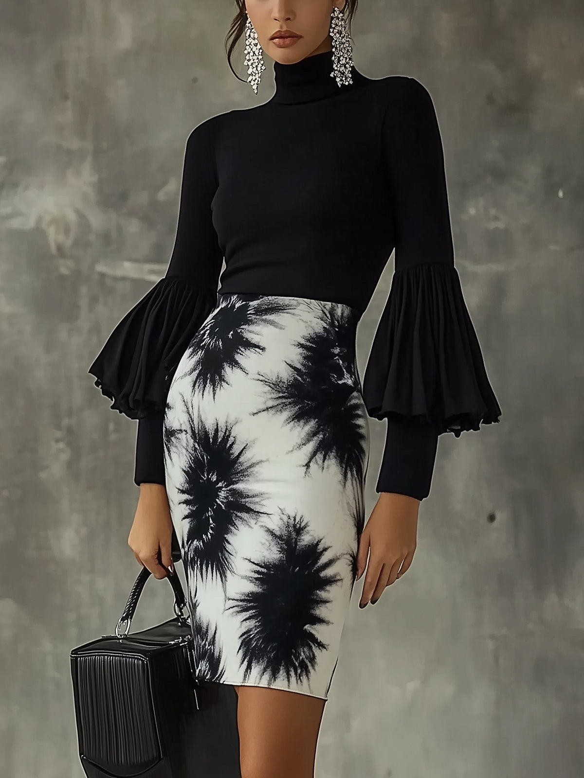 Black Pleated Sleeve With Abstract Print Bodycon Dress