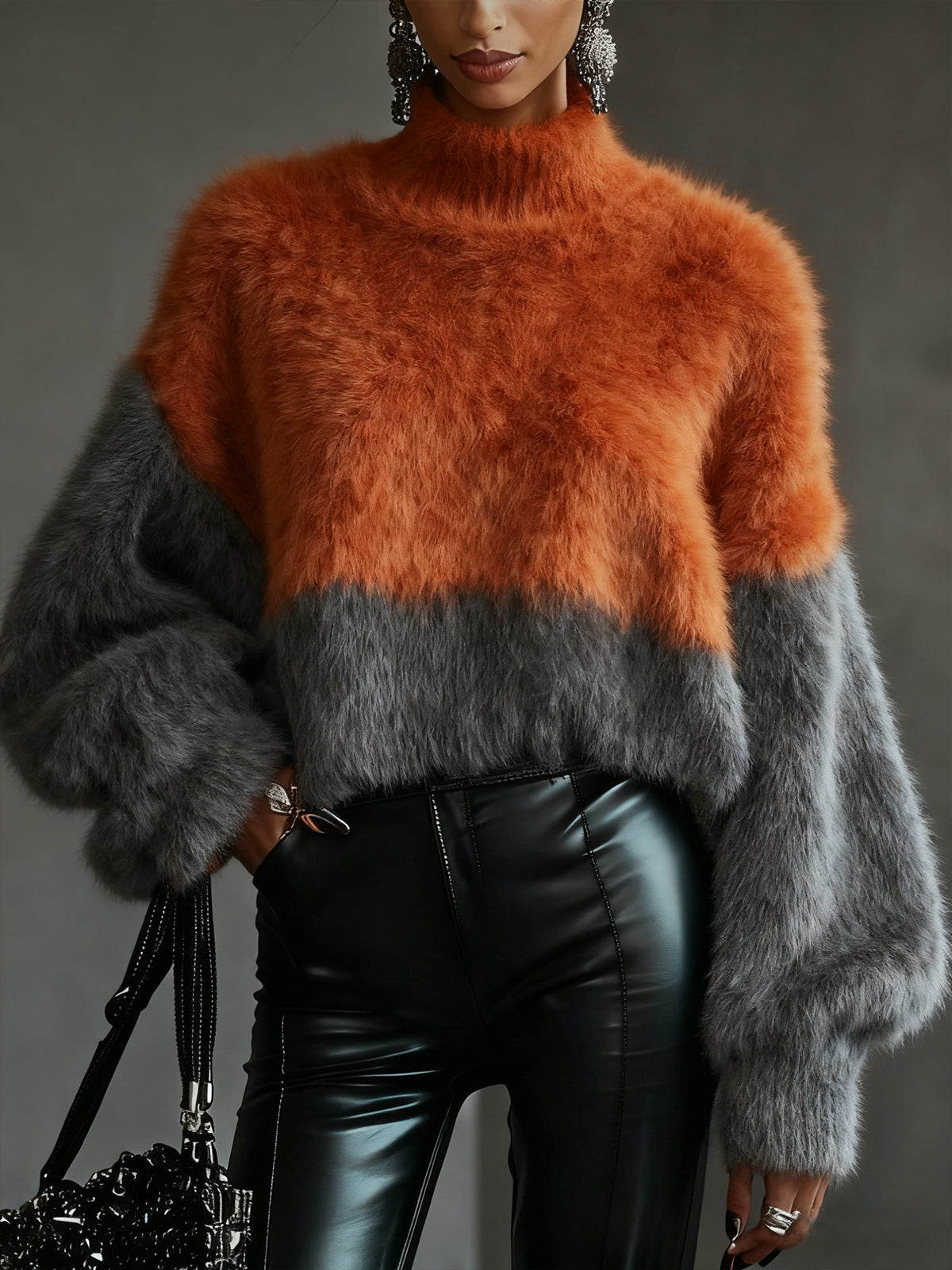 Two-Tone Fluffy Knit High-Neck Sweater