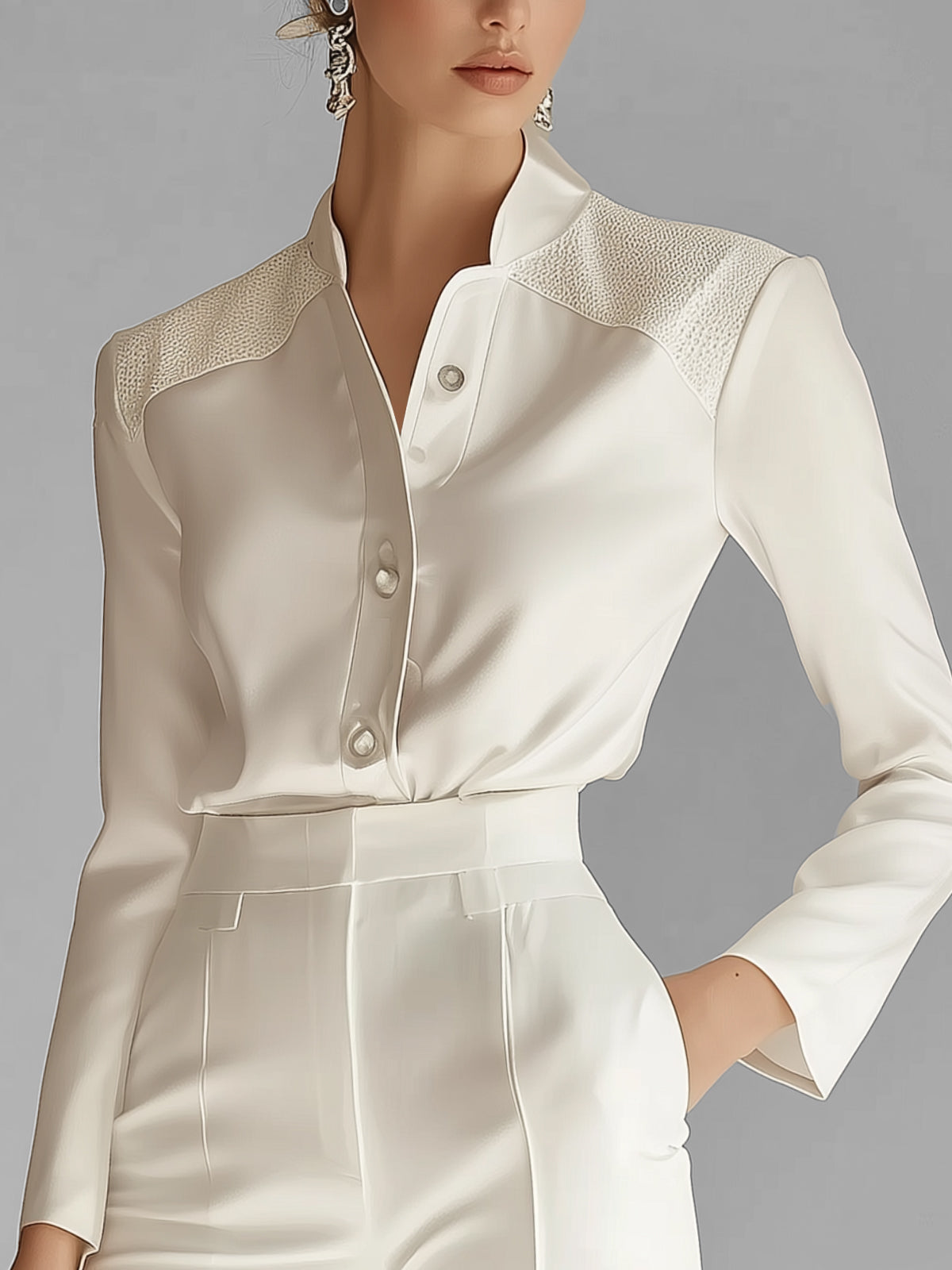 White Satin Blouse With Textured Shoulder Panels