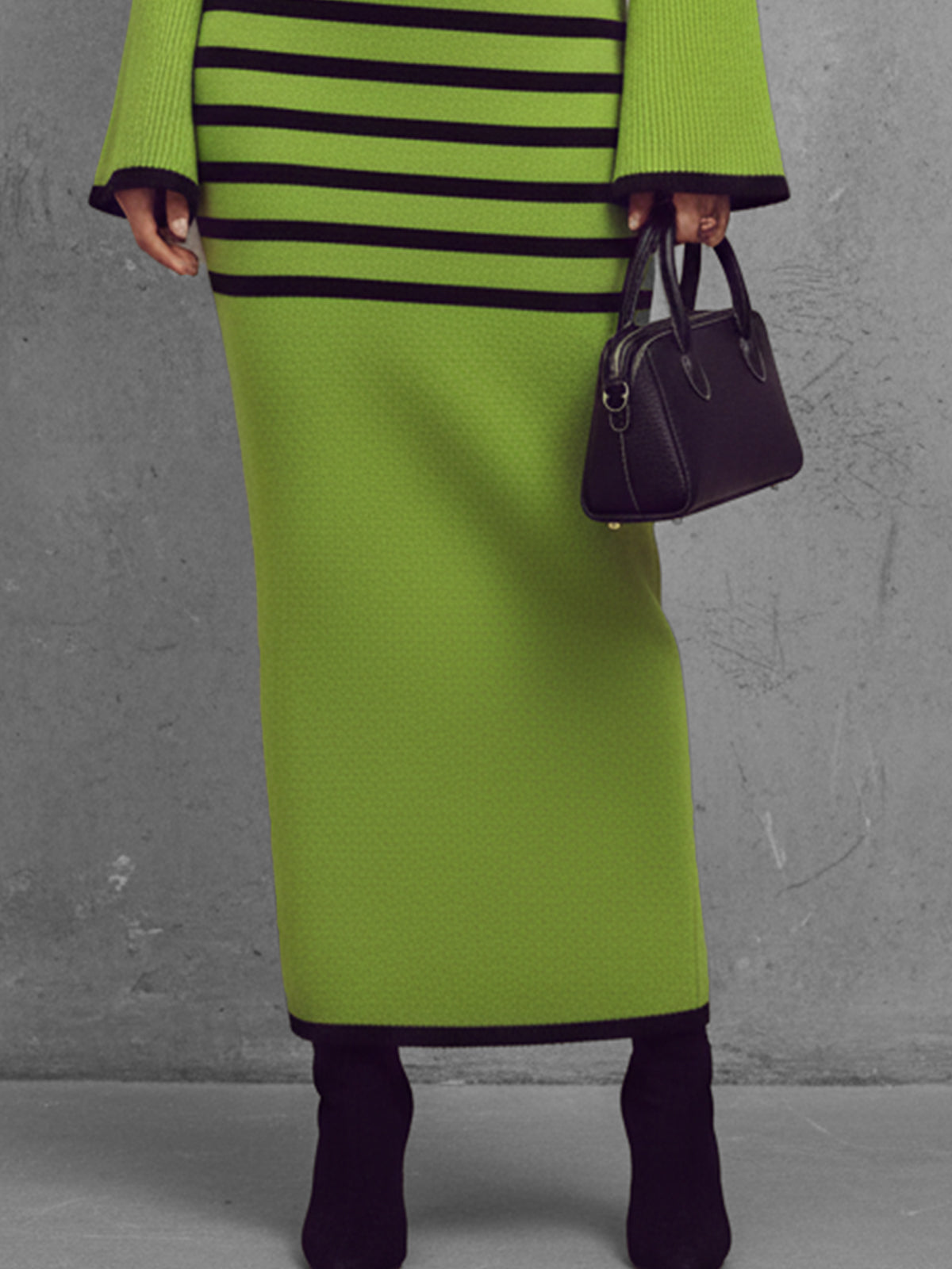 Green And Black Striped Turtleneck Maxi Dress With Bell Sleeves