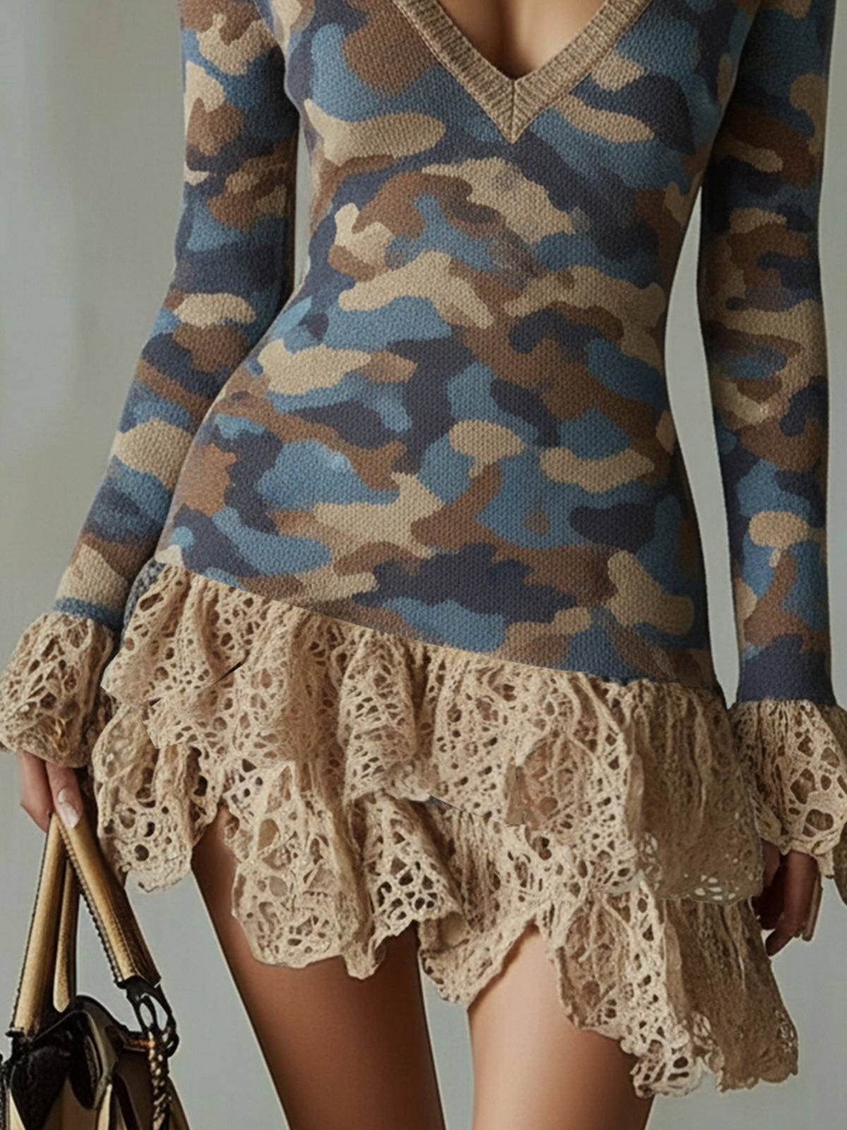 Blue Camo Knit Dress With Lace Ruffle Accents
