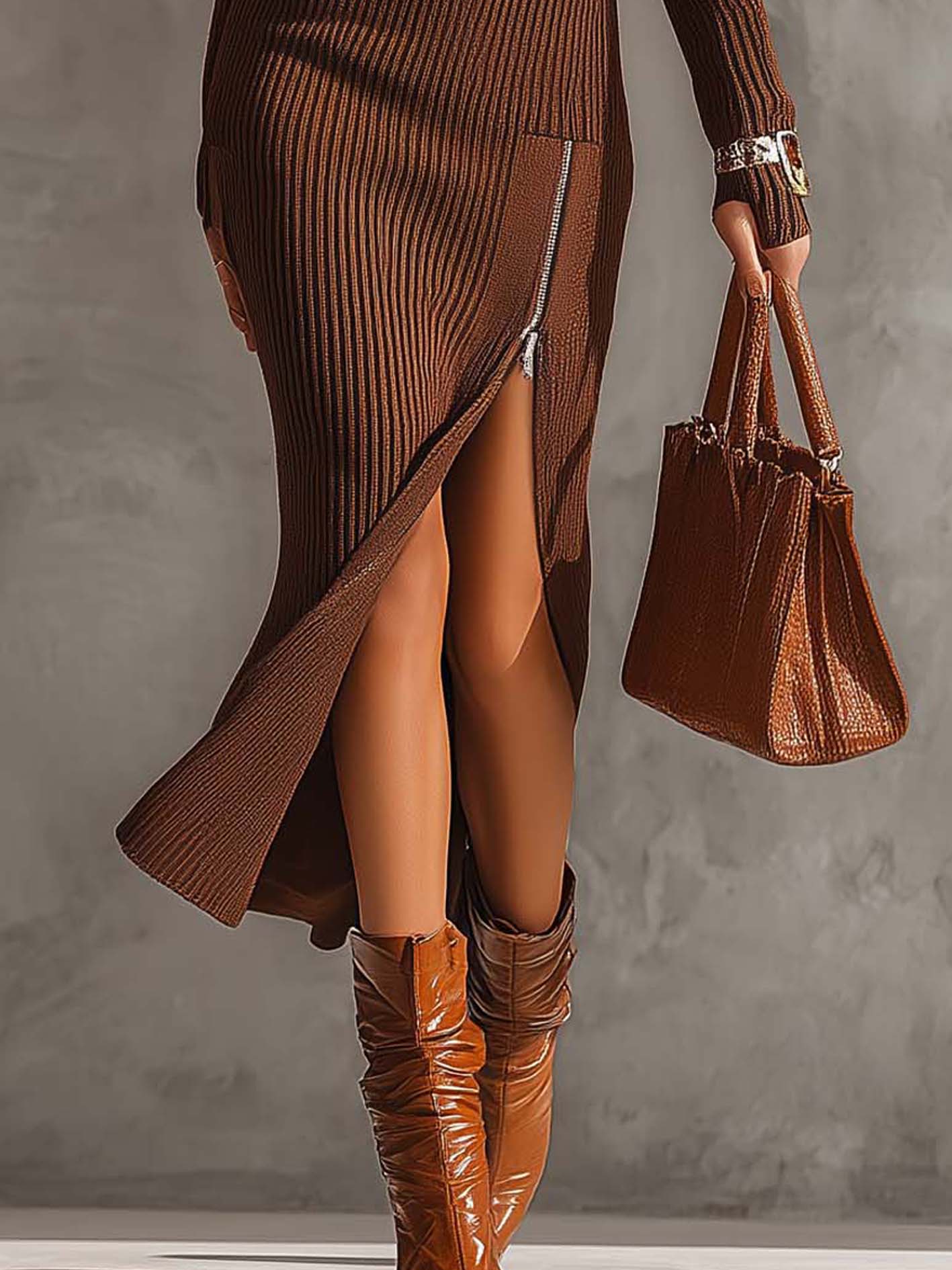 Cold Shoulder Chocolate Knit Bodycon Dress With Zipper