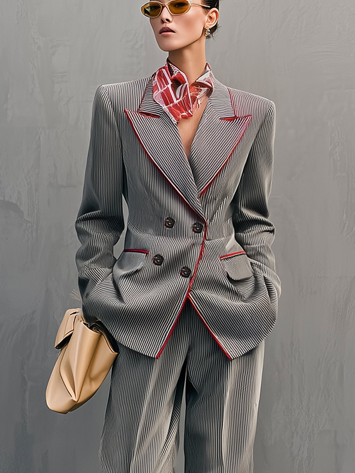 Gray Pinstripe Corduroy Suit With Red Piping
