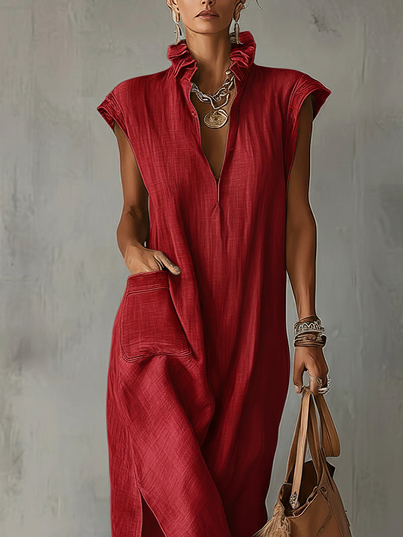 Red Ruffled Collar Linen Maxi Dress With Asymmetric Hem