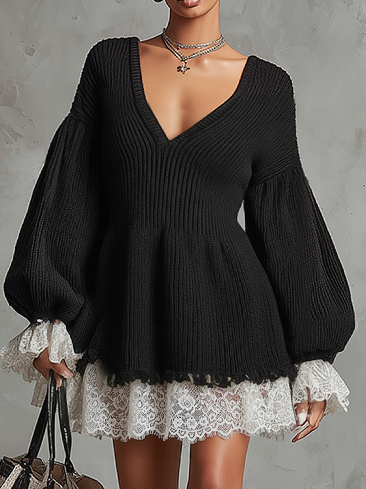 Black Knit Lace-Trimmed Balloon Sleeve Mini Dress