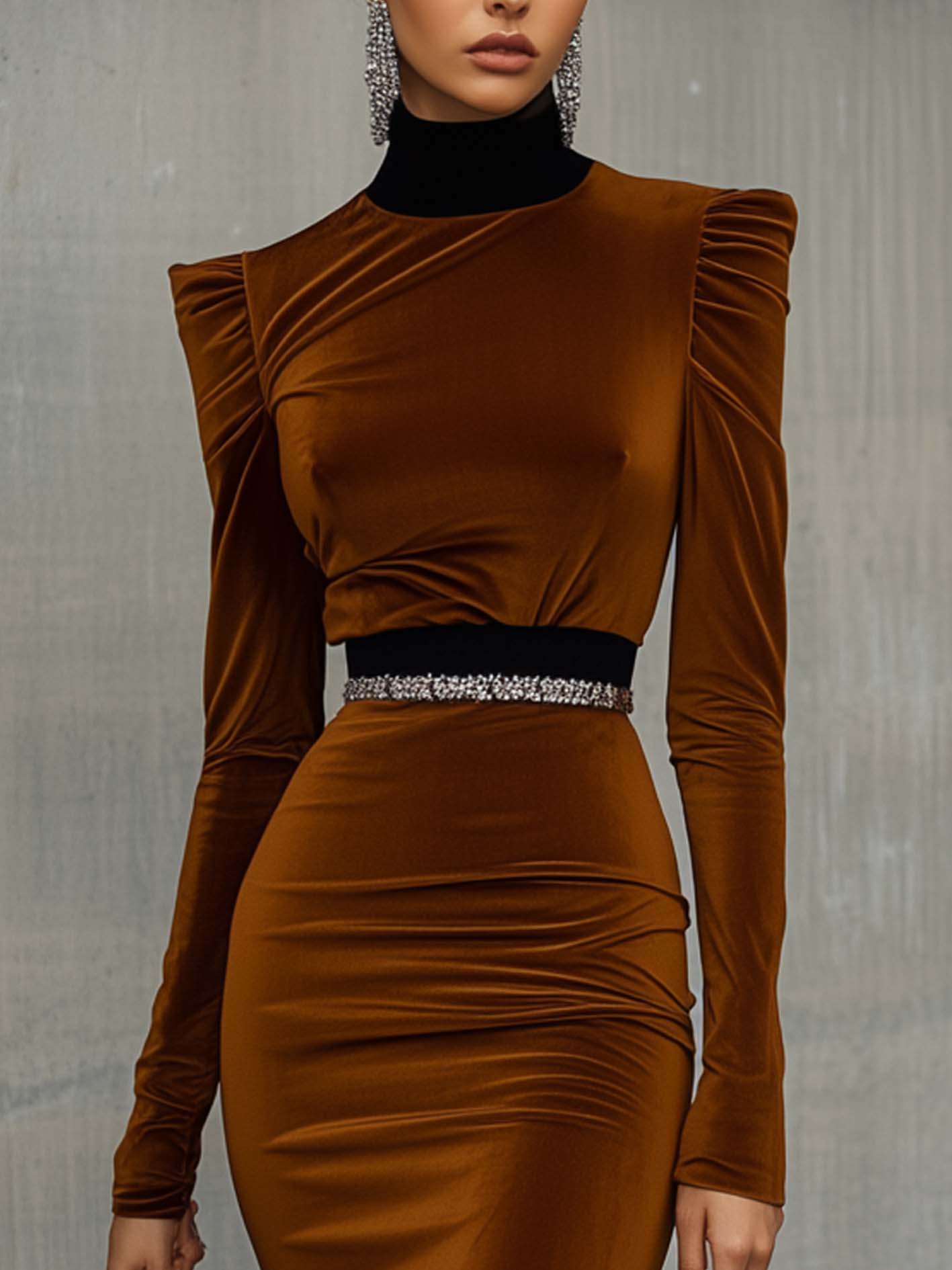 Brown Velvet Bodycon Dress With Ruffles And Belt